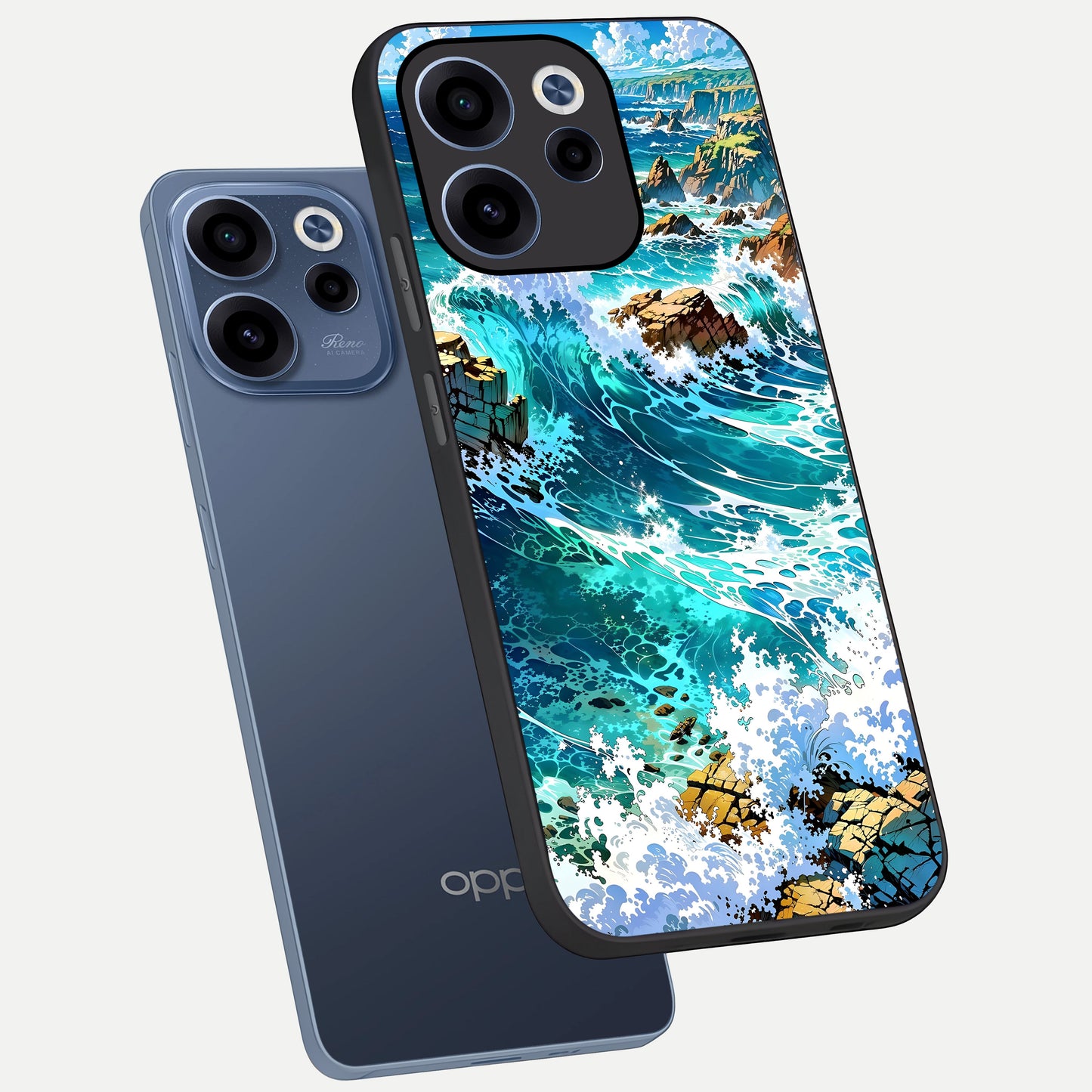  Coastal Blue Waves phone case For Oppo Reno 15c showing premium glass back cover with detailed artwork