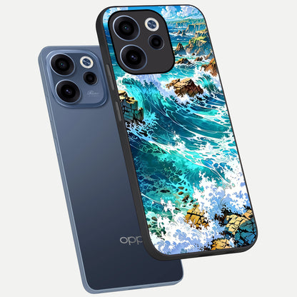  Coastal Blue Waves phone case For Oppo Reno 15c showing premium glass back cover with detailed artwork