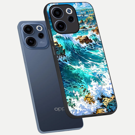  Coastal Blue Waves phone case For Oppo Reno 15c showing premium glass back cover with detailed artwork