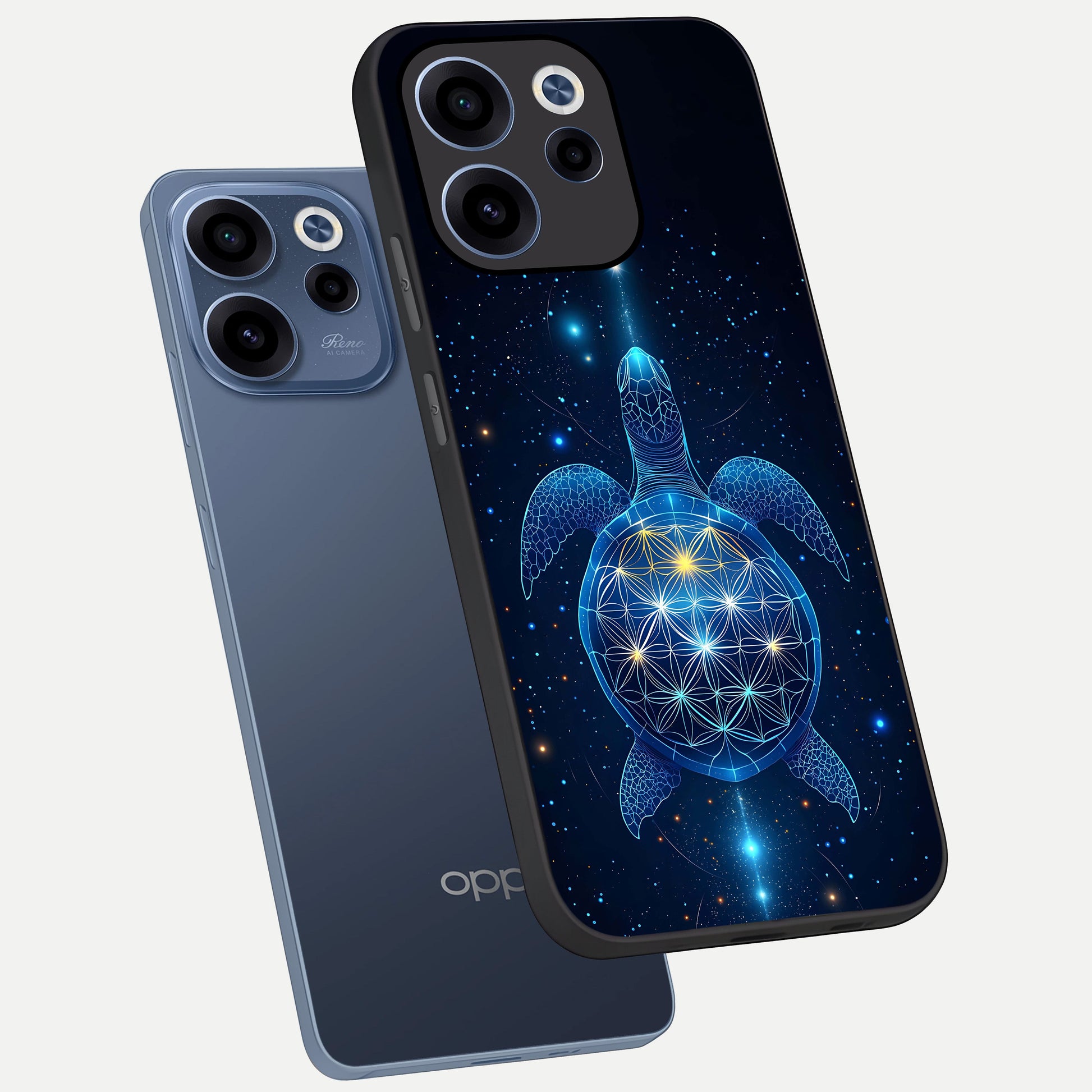  Crimson Blue Turtle phone case For Oppo Reno 15c showing premium glass back cover with detailed artwork