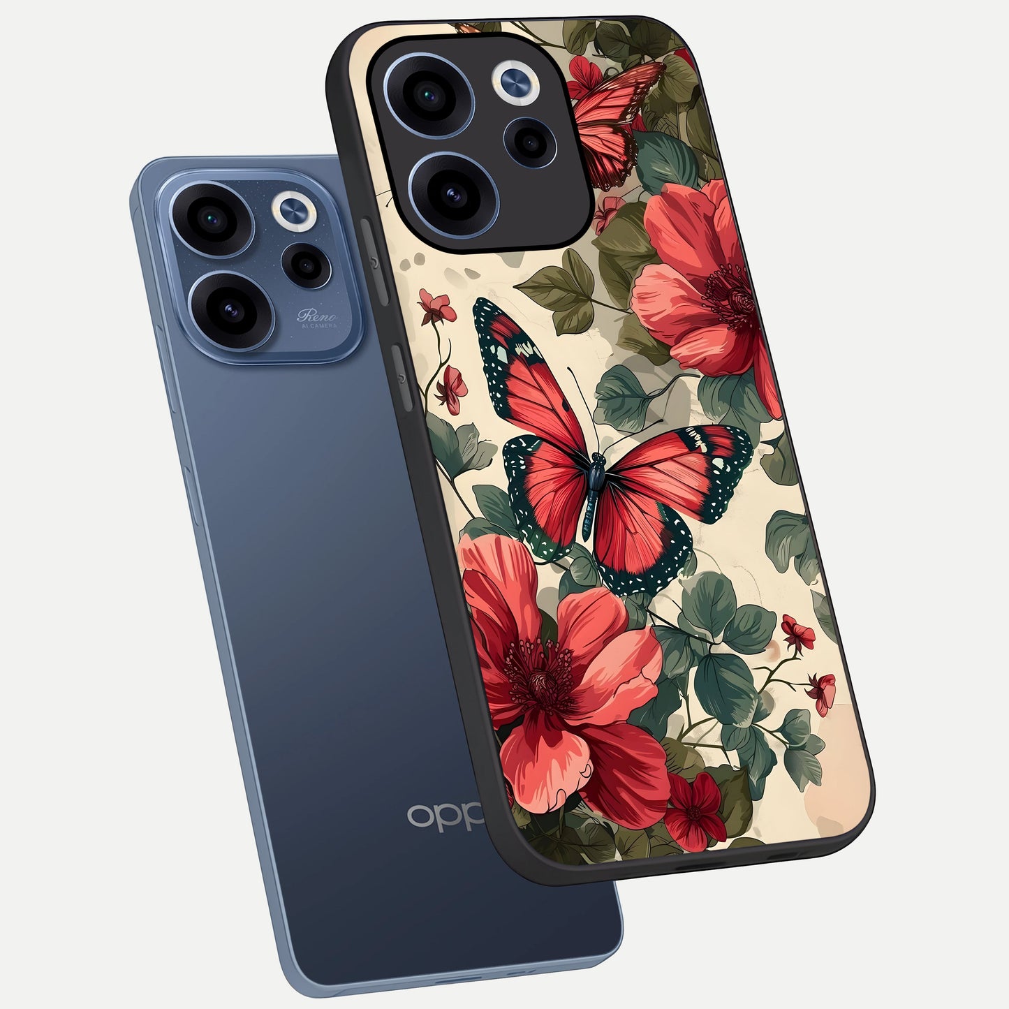  Crimson Butterfly Garden phone case For Oppo Reno 15c showing premium glass back cover with detailed artwork