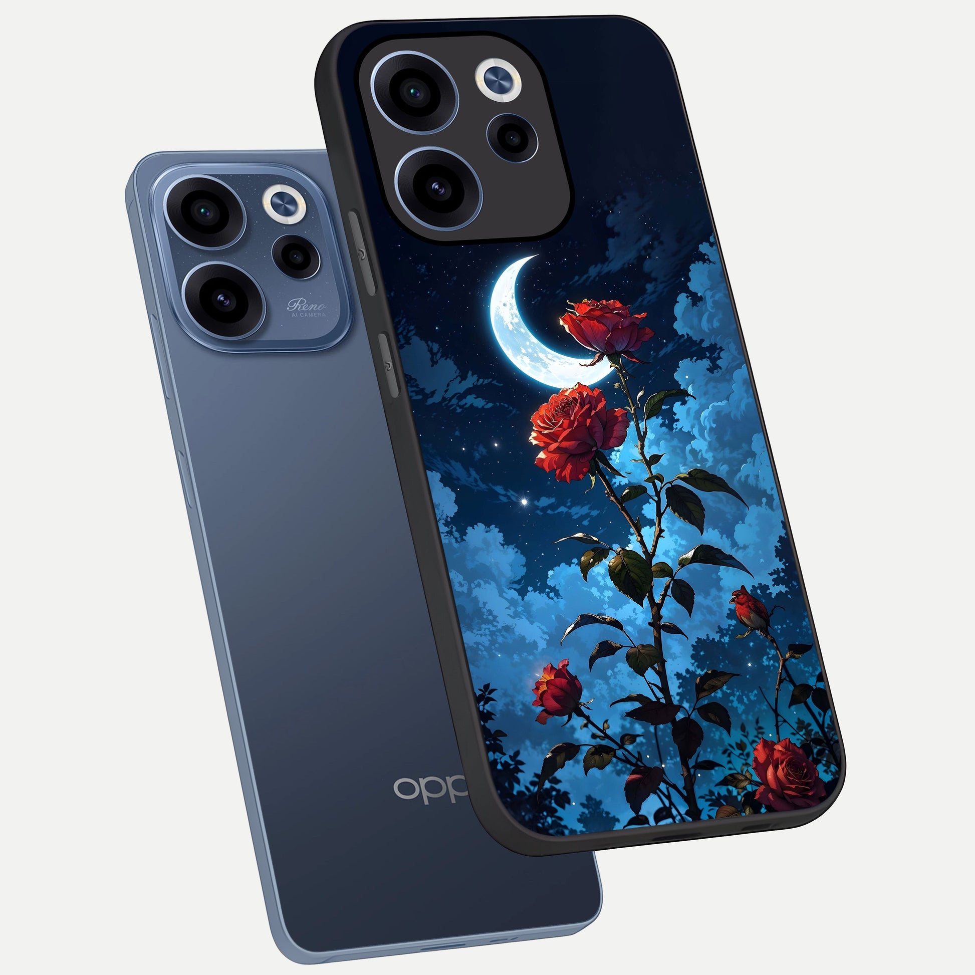  Crimson Rose Moon phone case For Oppo Reno 15c showing premium glass back cover with detailed artwork