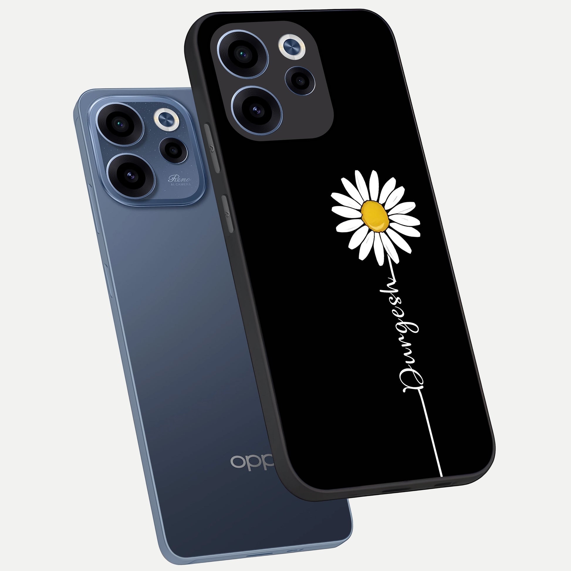  Custom Name White Flower phone case For Oppo Reno 15c showing premium glass back cover with detailed artwork
