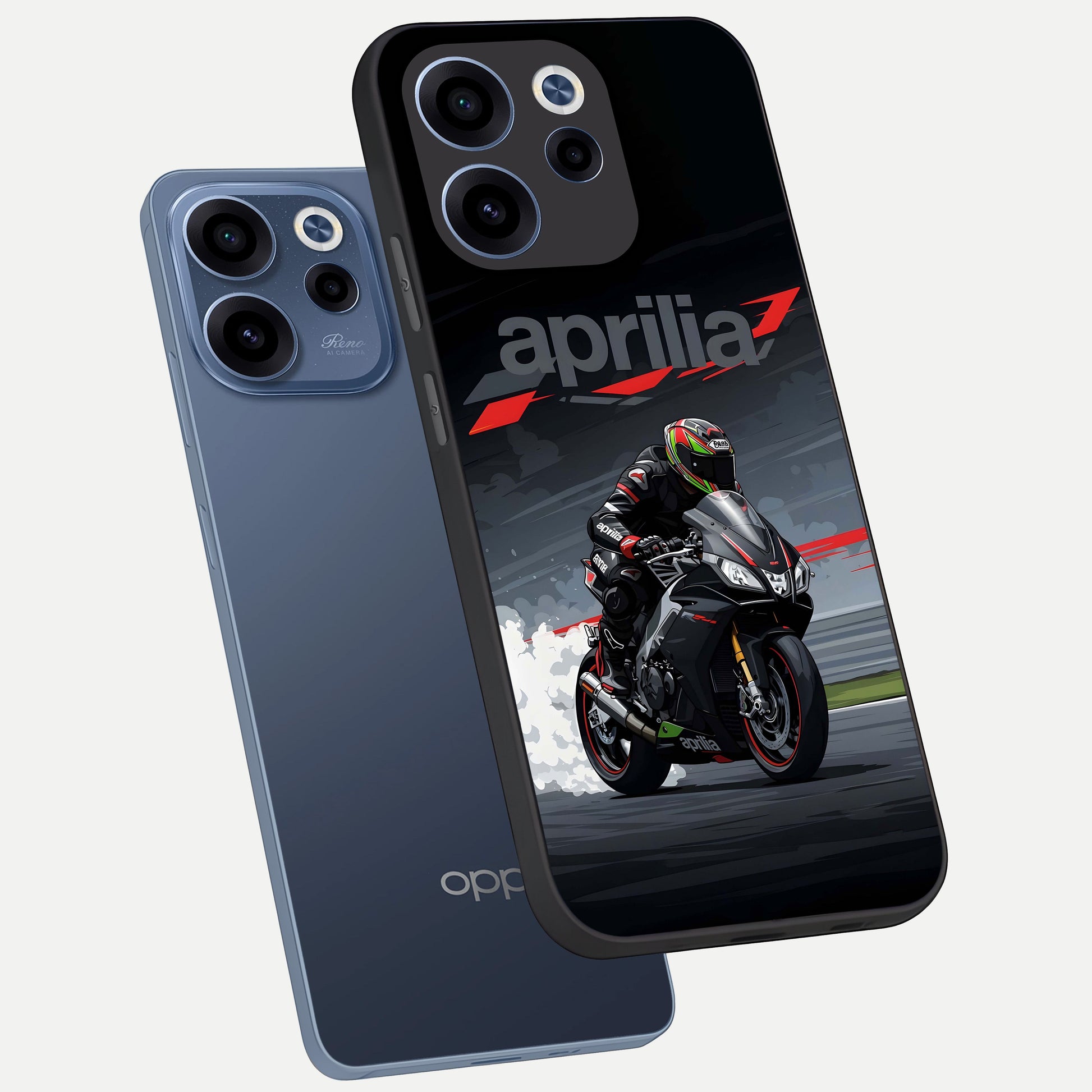  Dark Aprilla phone case For Oppo Reno 15c showing premium glass back cover with detailed artwork