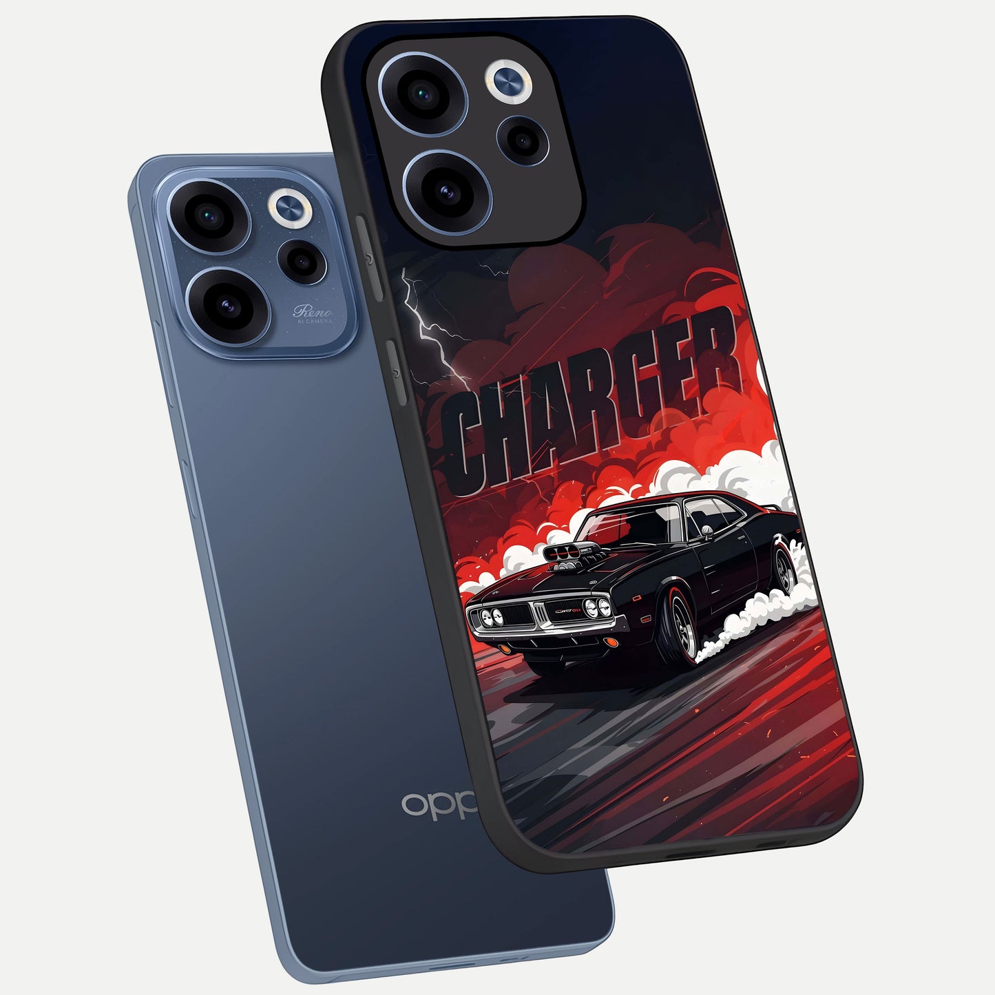  Dark Charger Fury phone case For Oppo Reno 15c showing premium glass back cover with detailed artwork