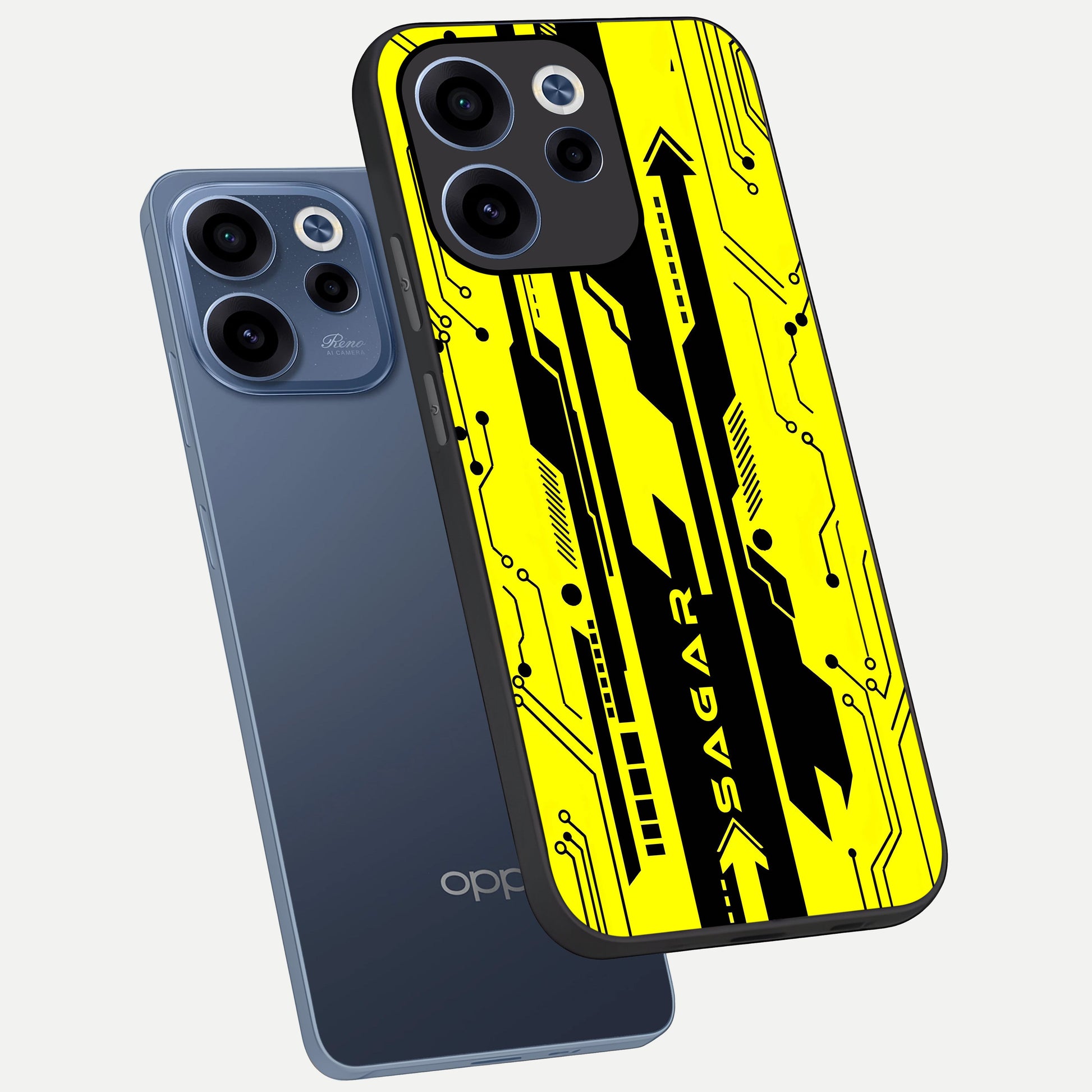  Electric Pulse CYBERPUNK Custom Name phone case For Oppo Reno 15c showing premium glass back cover with detailed artwork
