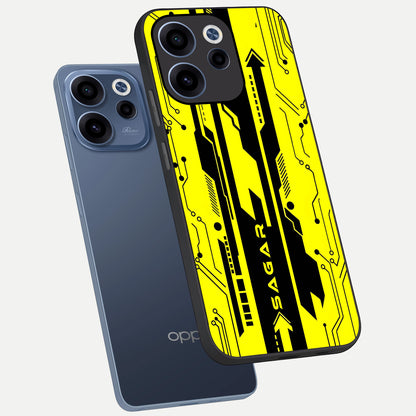  Electric Pulse CYBERPUNK Custom Name phone case For Oppo Reno 15c showing premium glass back cover with detailed artwork