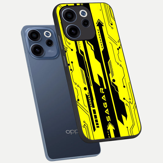  Electric Pulse CYBERPUNK Custom Name phone case For Oppo Reno 15c showing premium glass back cover with detailed artwork