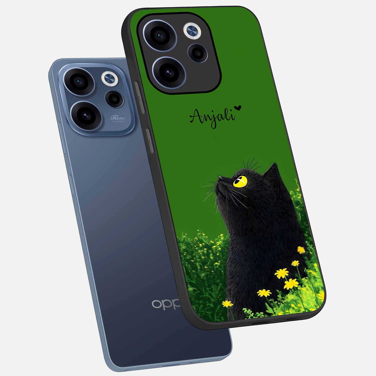  Emerald Cat Custom Name phone case For Oppo Reno 15c showing premium glass back cover with detailed artwork