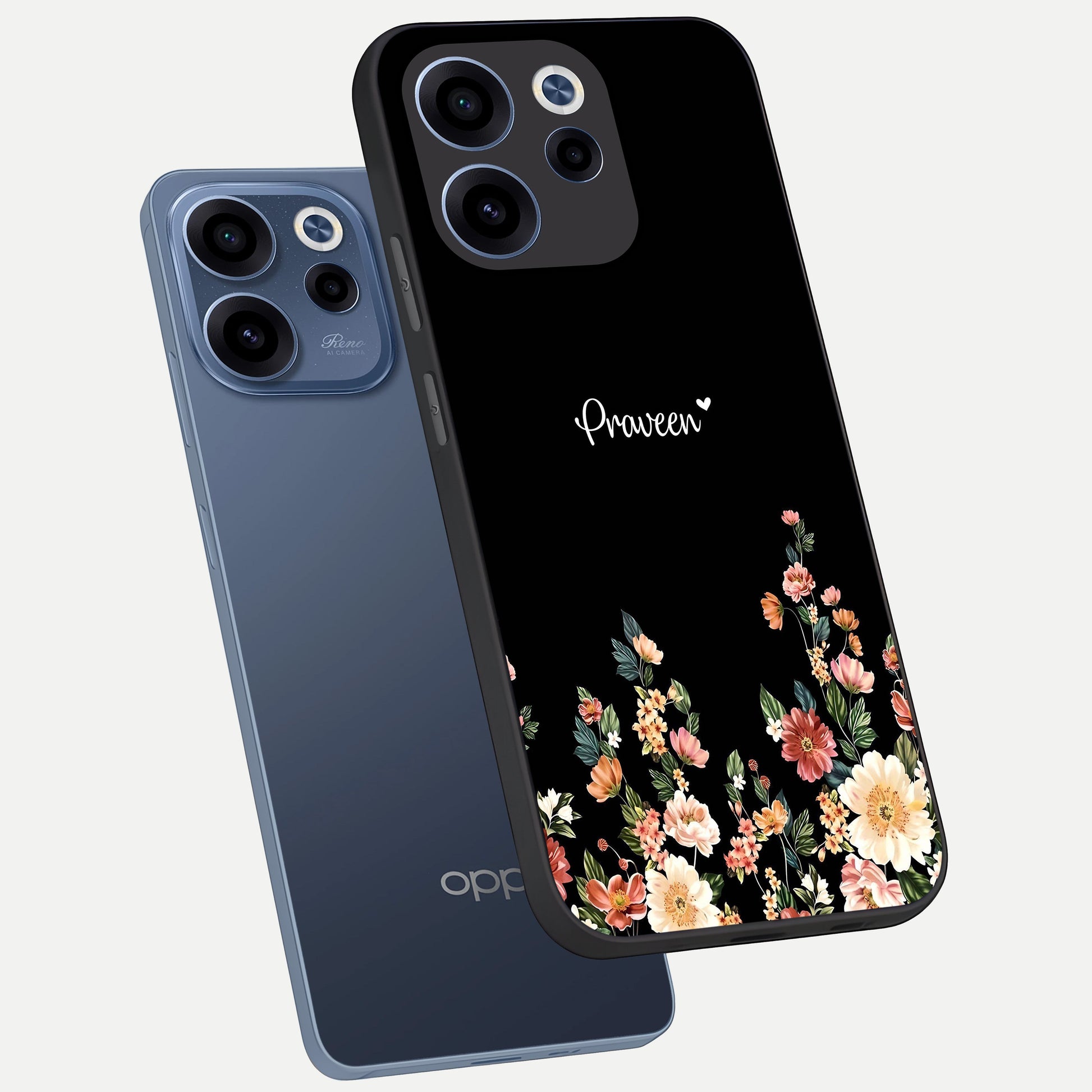  Floral Design Personalized Custom Name phone case For Oppo Reno 15c showing premium glass back cover with detailed artwork