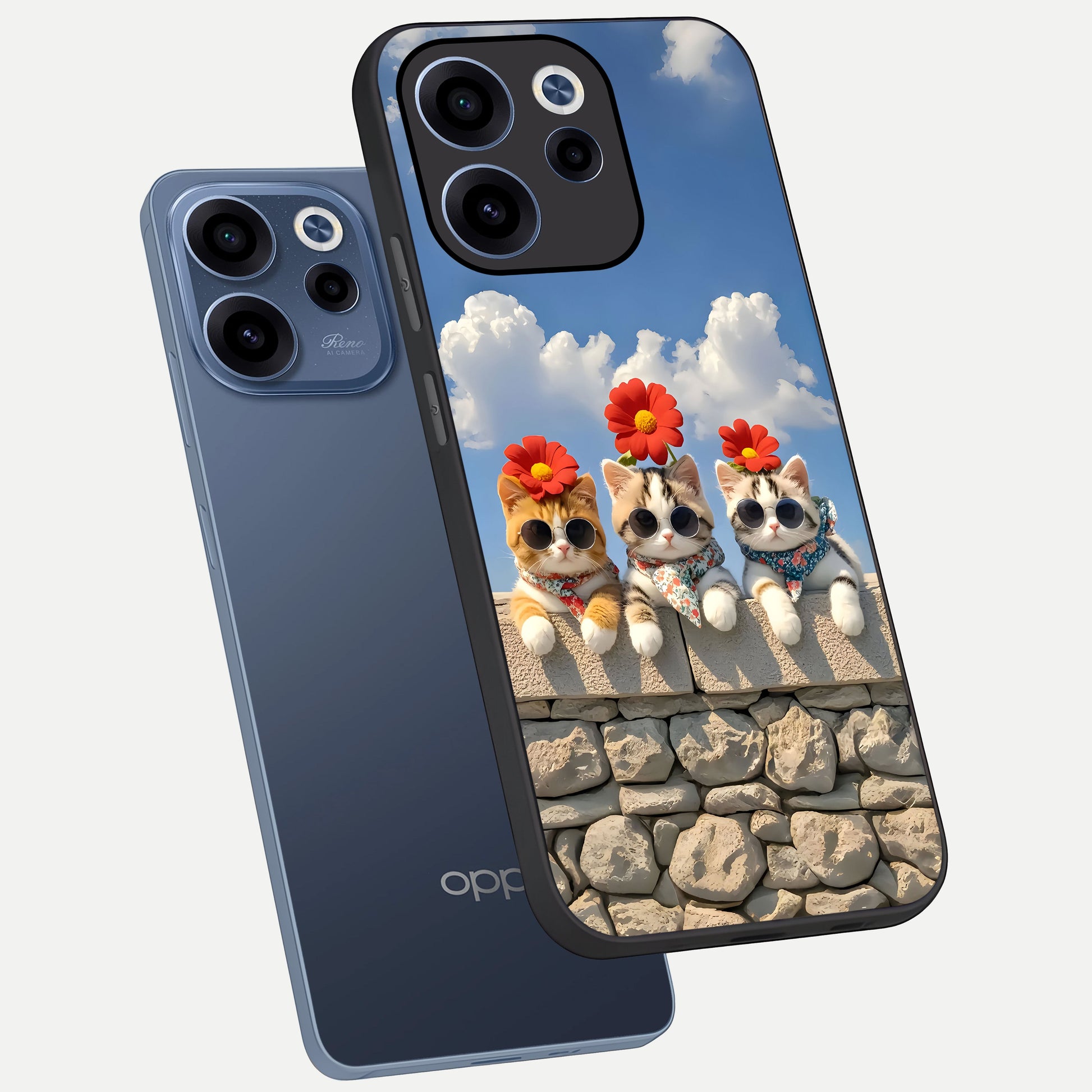  Floral Kitty Squad phone case For Oppo Reno 15c showing premium glass back cover with detailed artwork