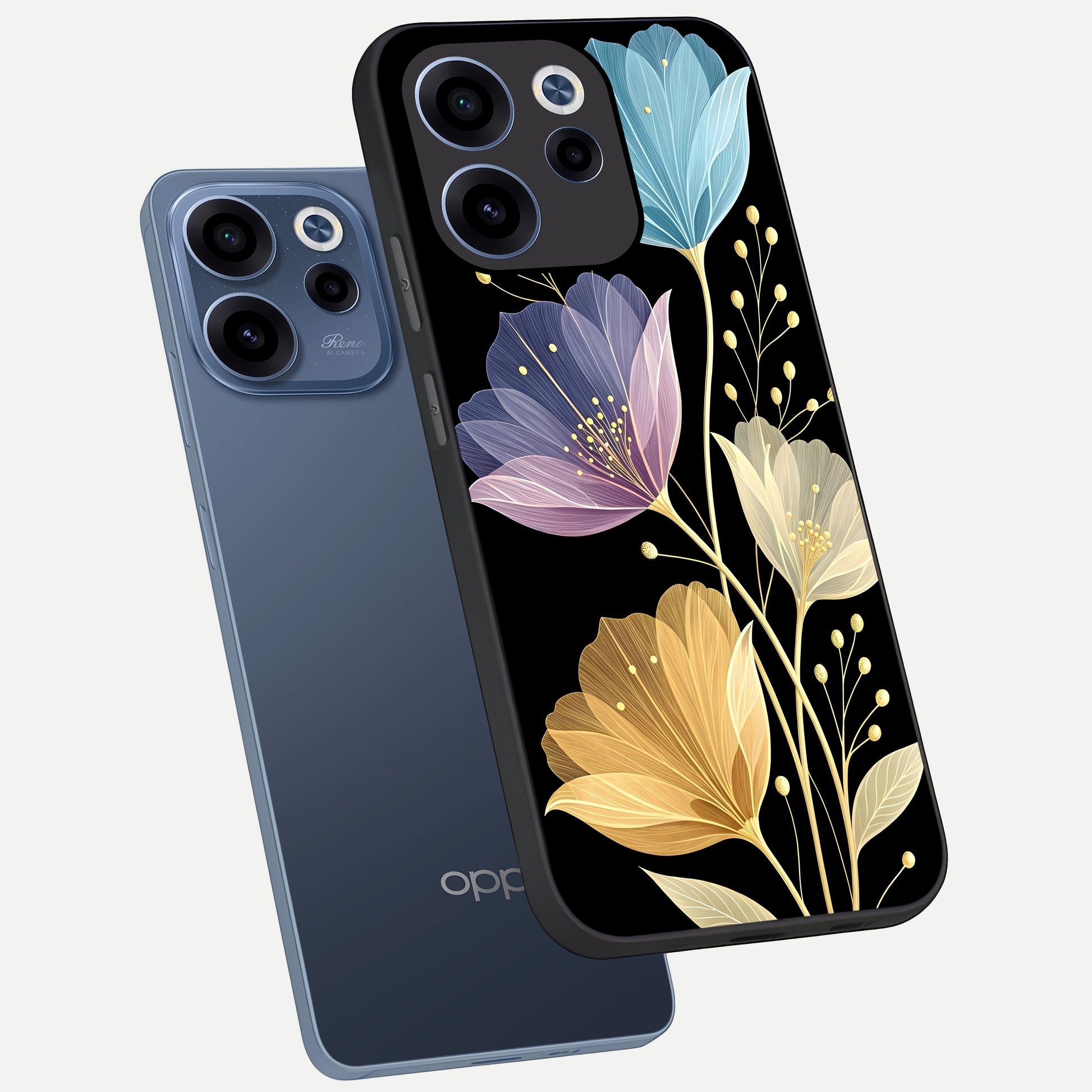  Flower Bloom Glow phone case For Oppo Reno 15c showing premium glass back cover with detailed artwork