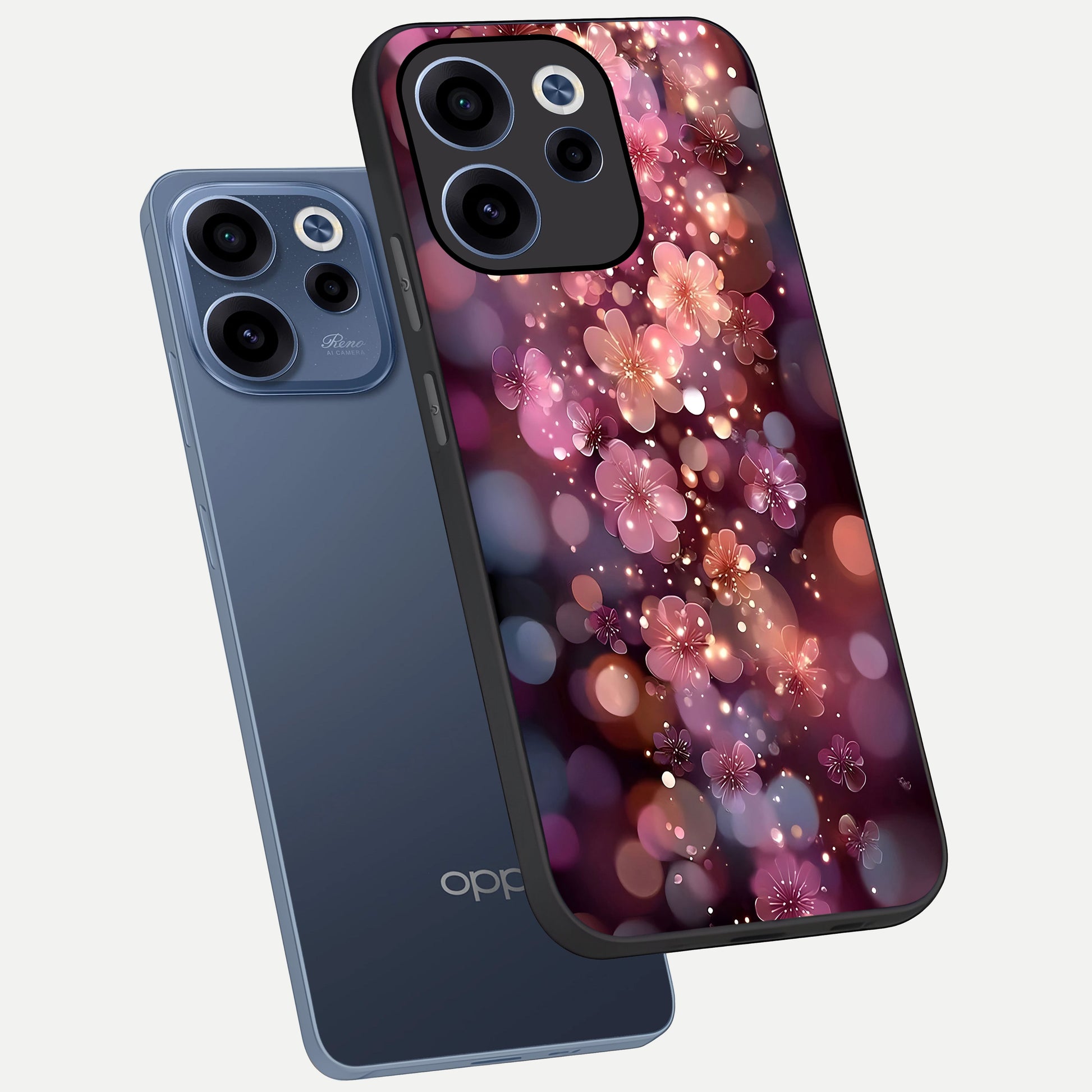  Glowing Petal Bliss phone case For Oppo Reno 15c showing premium glass back cover with detailed artwork