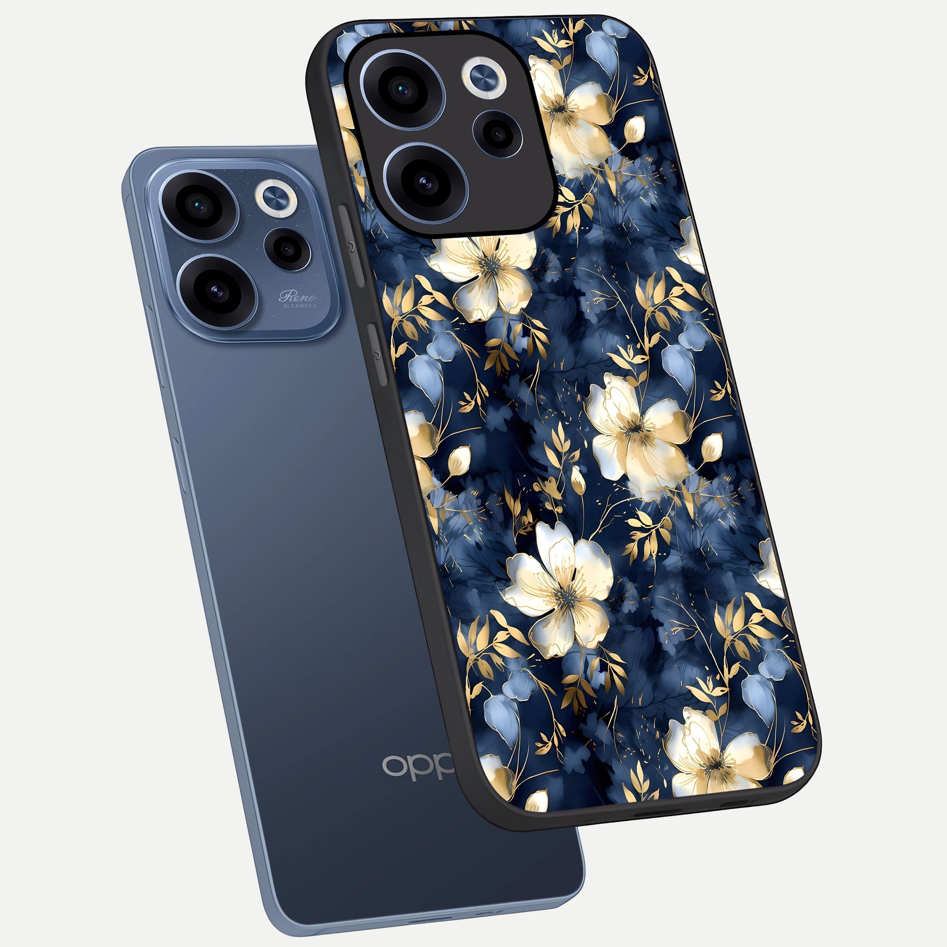  Golden Midnight Bloom phone case For Oppo Reno 15c showing premium glass back cover with detailed artwork