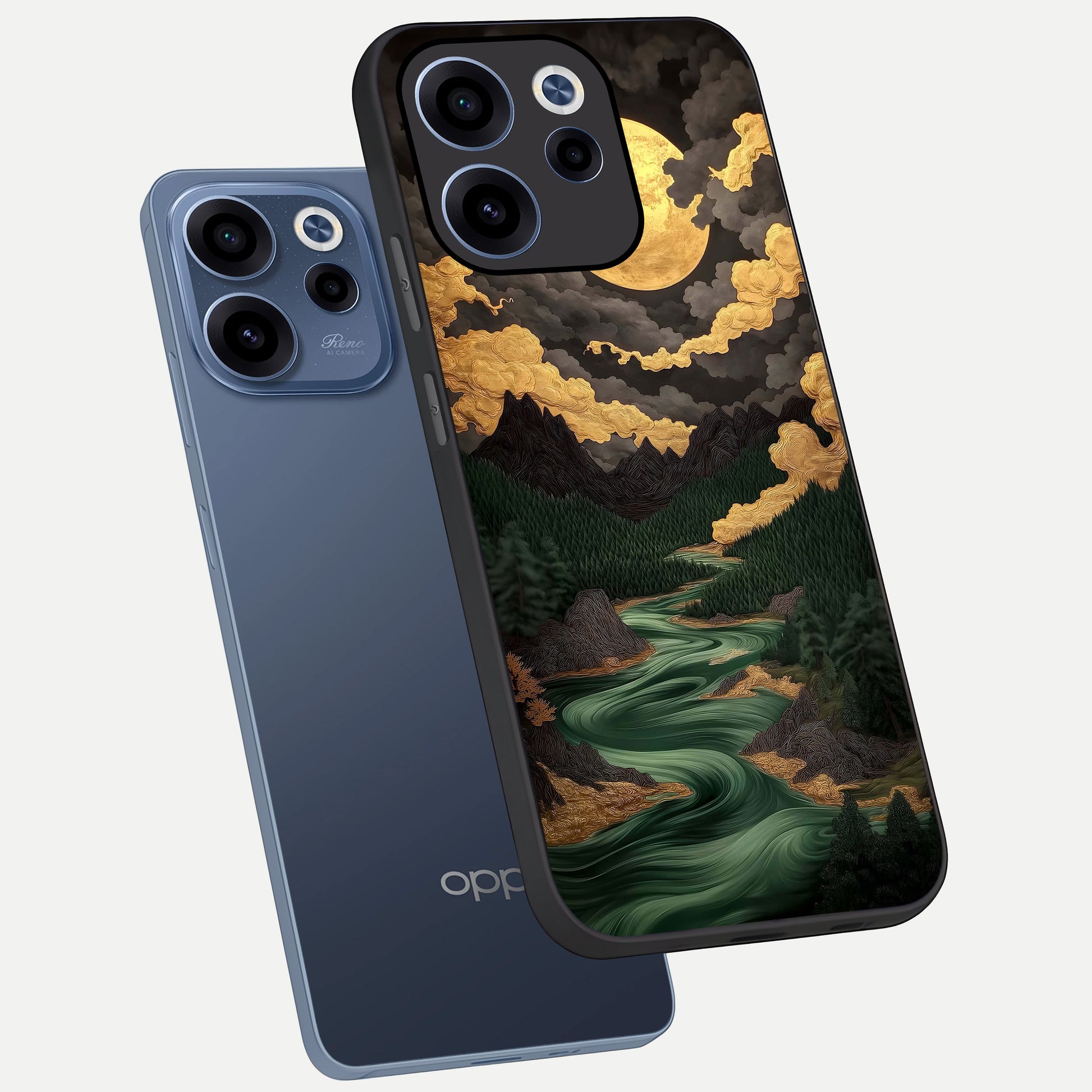  Golden River Moon phone case For Oppo Reno 15c showing premium glass back cover with detailed artwork