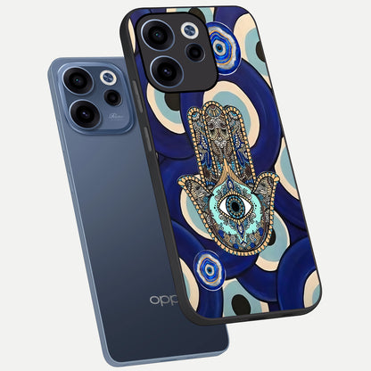  Hamsa Divine Guard phone case For Oppo Reno 15c showing premium glass back cover with detailed artwork