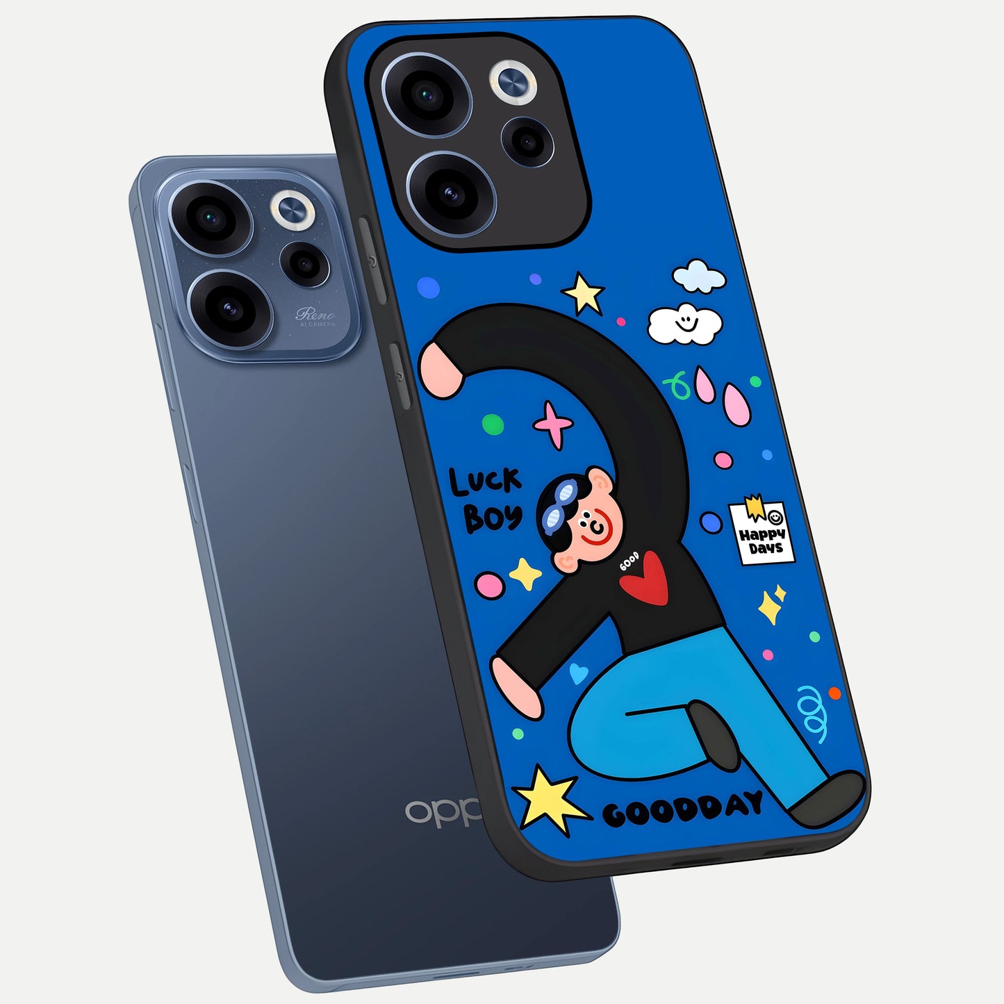  Happy Luck Vibe phone case For Oppo Reno 15c showing premium glass back cover with detailed artwork