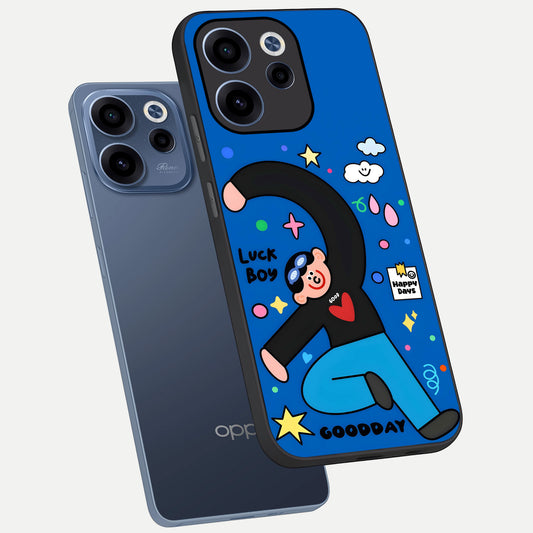  Happy Luck Vibe phone case For Oppo Reno 15c showing premium glass back cover with detailed artwork