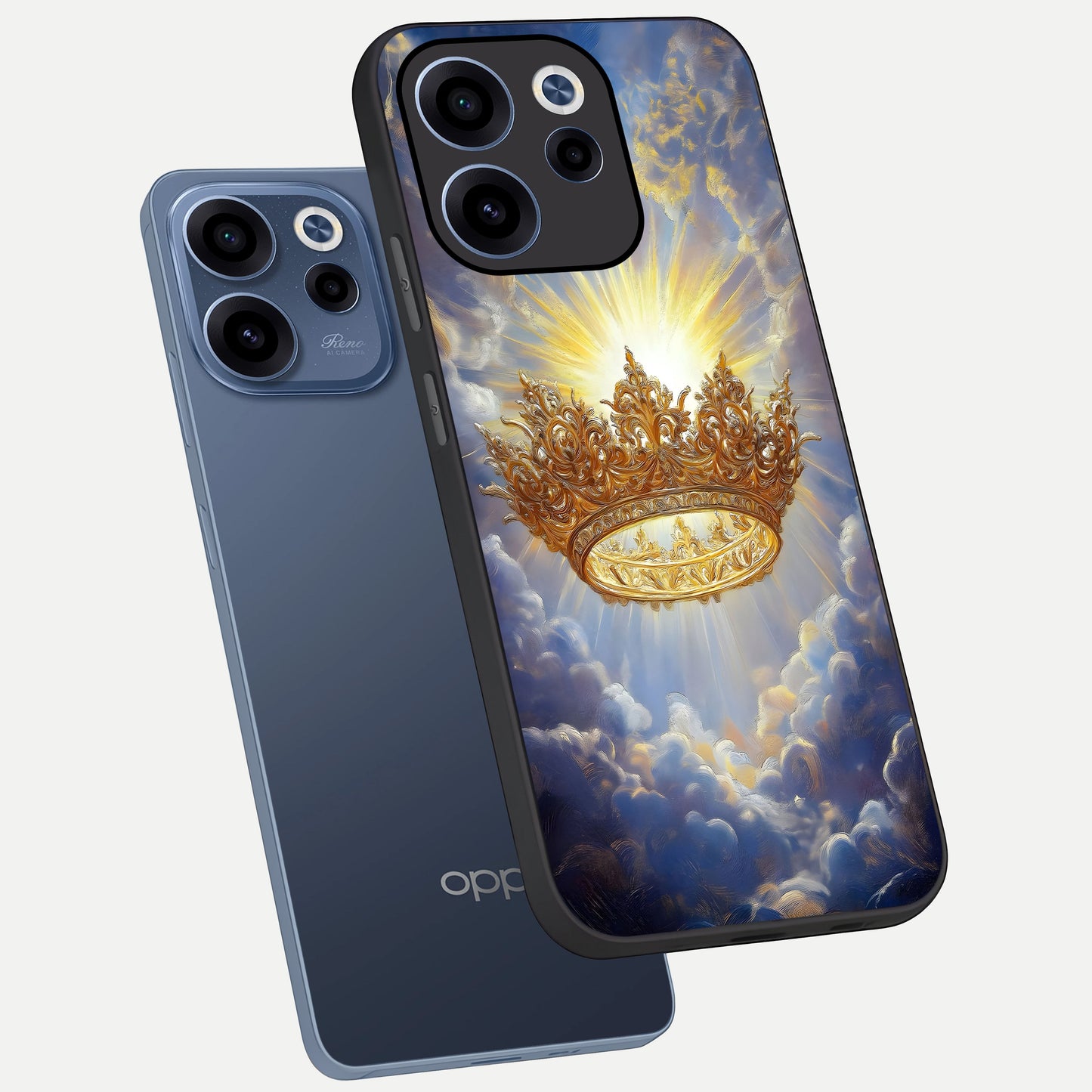  Heavenly Crown Light phone case For Oppo Reno 15c showing premium glass back cover with detailed artwork