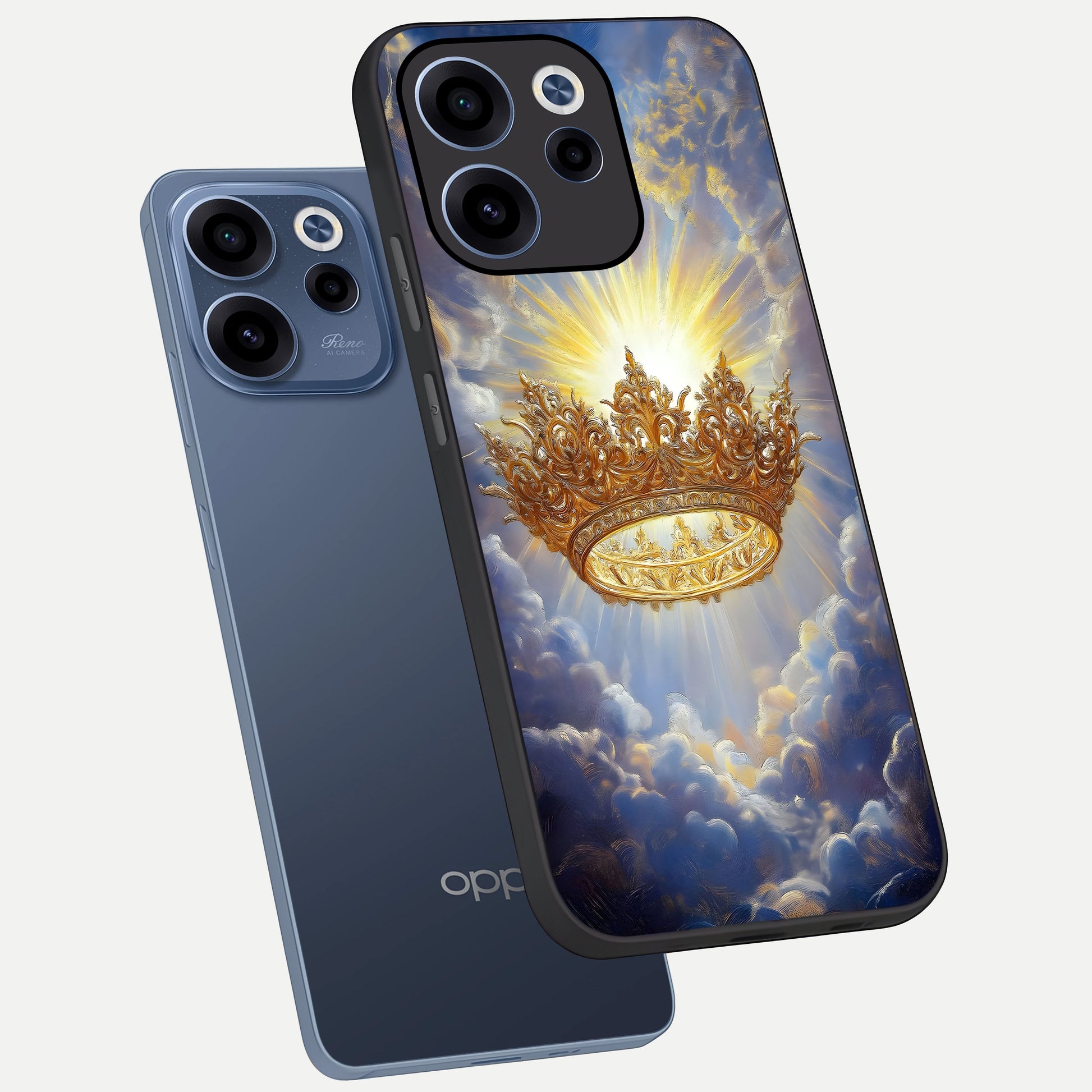  Heavenly Crown Light phone case For Oppo Reno 15c showing premium glass back cover with detailed artwork