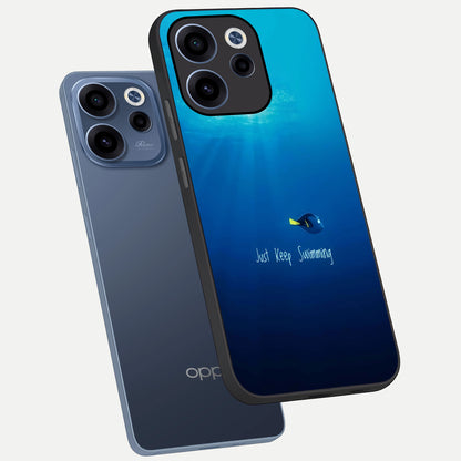  Just Keep Swimming phone case For Oppo Reno 15c showing premium glass back cover with detailed artwork