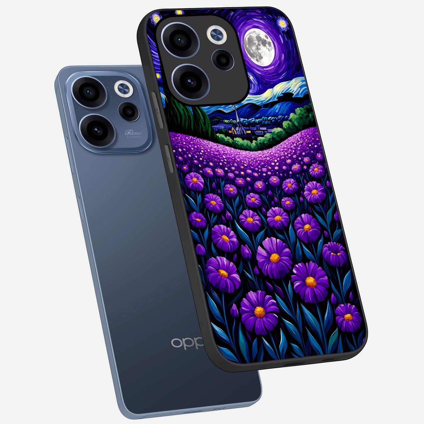  Lavender Moon Field phone case For Oppo Reno 15c showing premium glass back cover with detailed artwork