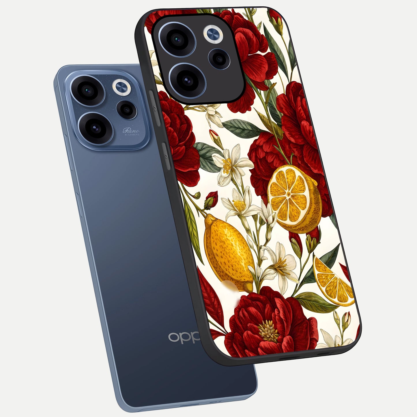  Lemon Rose Charm phone case For Oppo Reno 15c showing premium glass back cover with detailed artwork