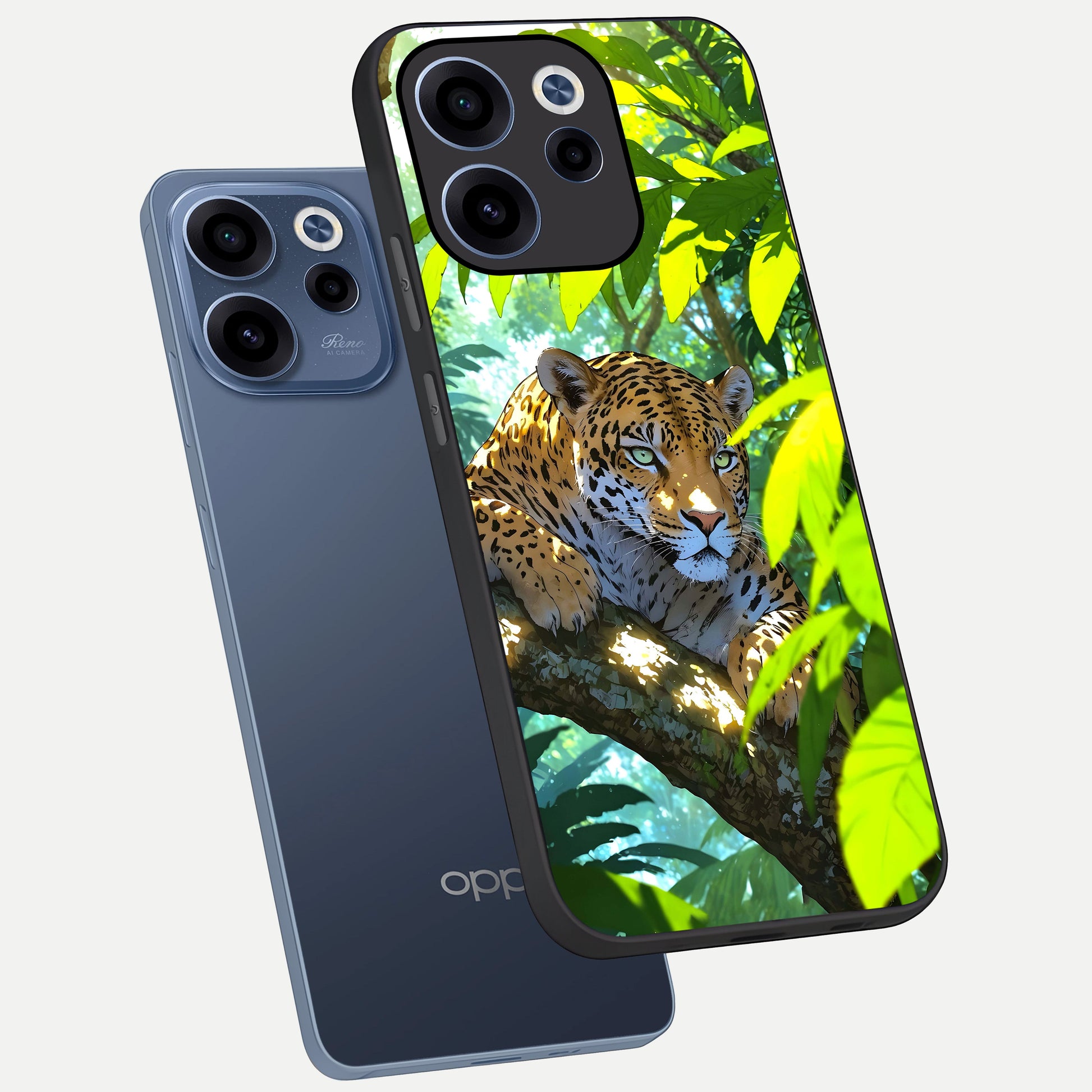  Leopard in Jungle phone case For Oppo Reno 15c showing premium glass back cover with detailed artwork