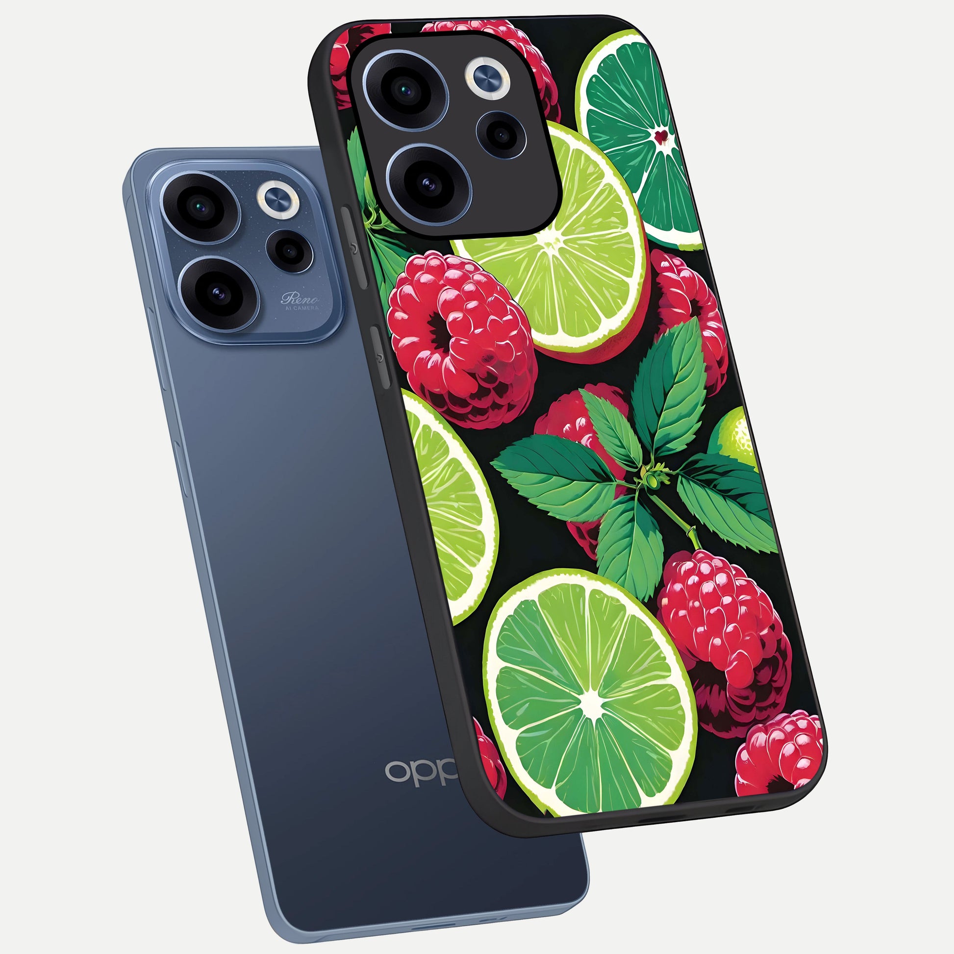 Lime and Raspberry Pattern phone case For Oppo Reno 15c showing premium glass back cover with detailed artwork