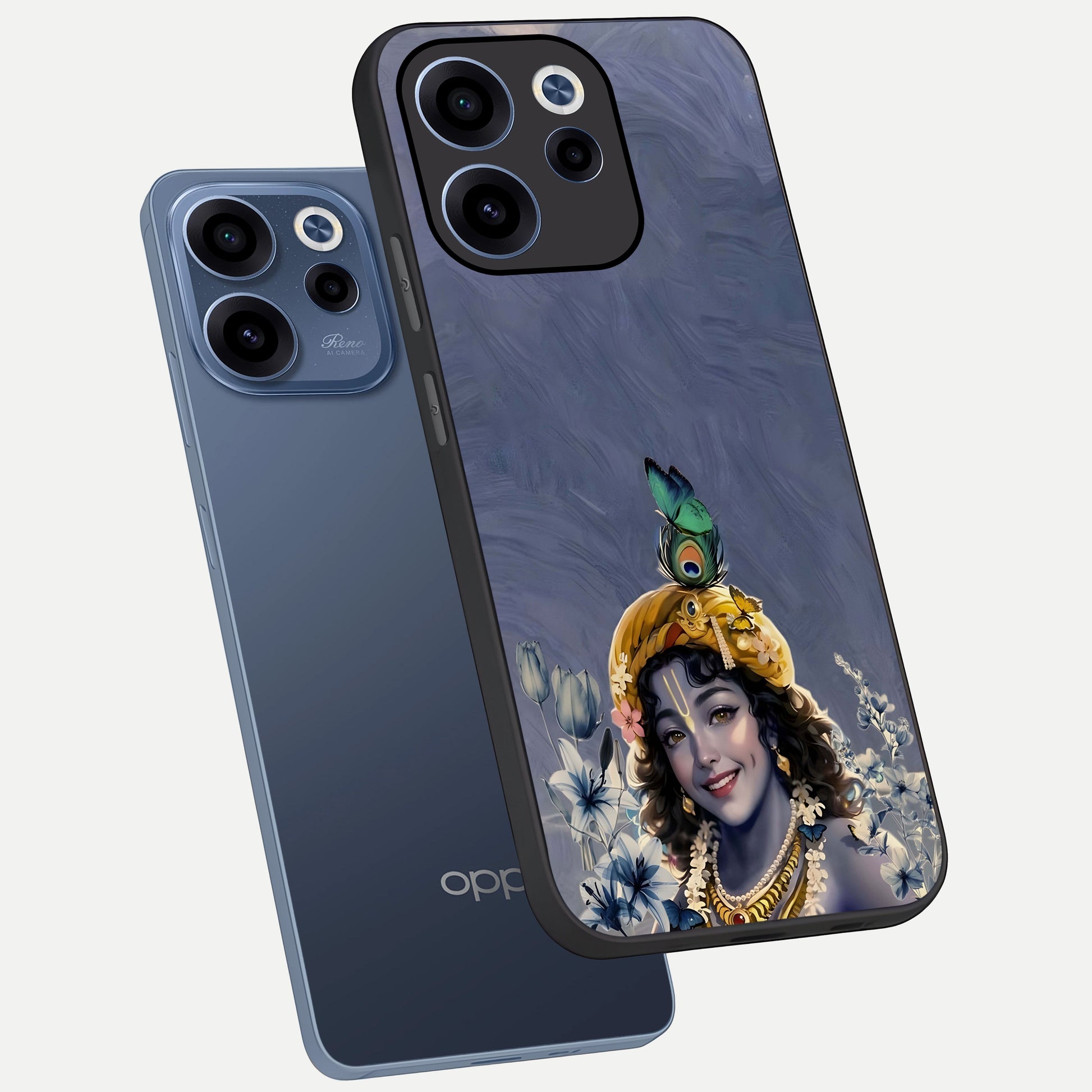  Lord Krishna phone case For Oppo Reno 15c showing premium glass back cover with detailed artwork