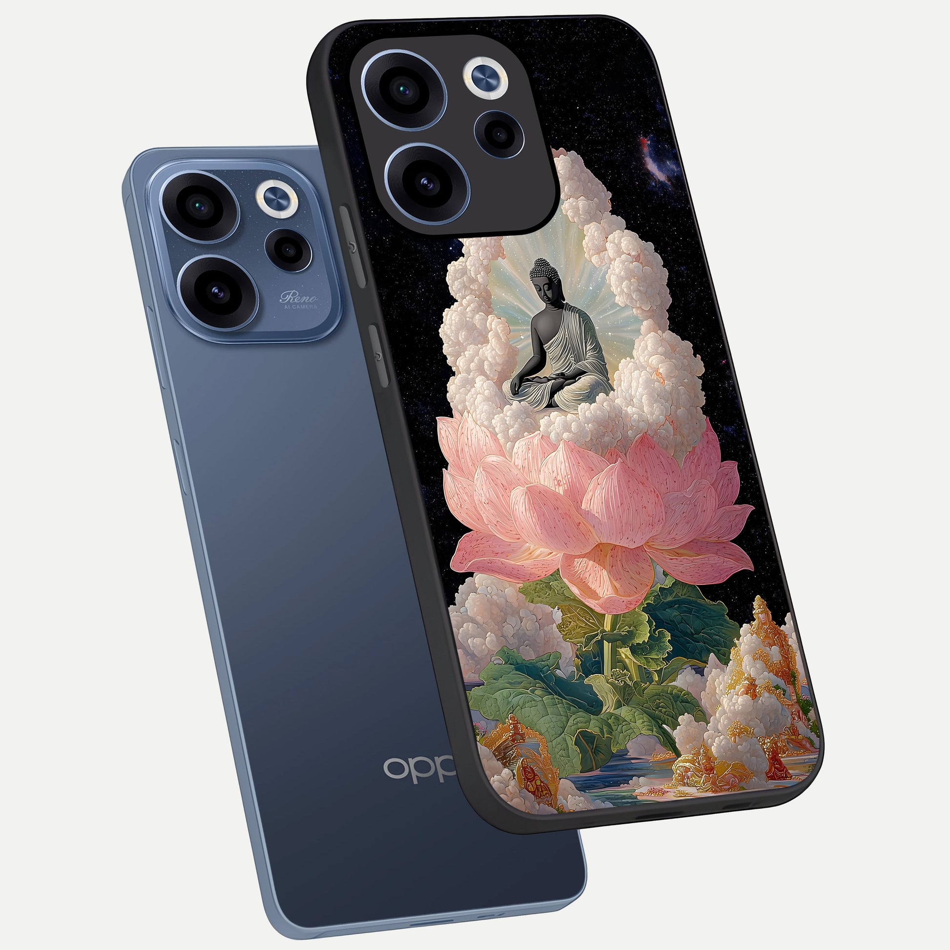  Lotus Divine Peace phone case For Oppo Reno 15c showing premium glass back cover with detailed artwork