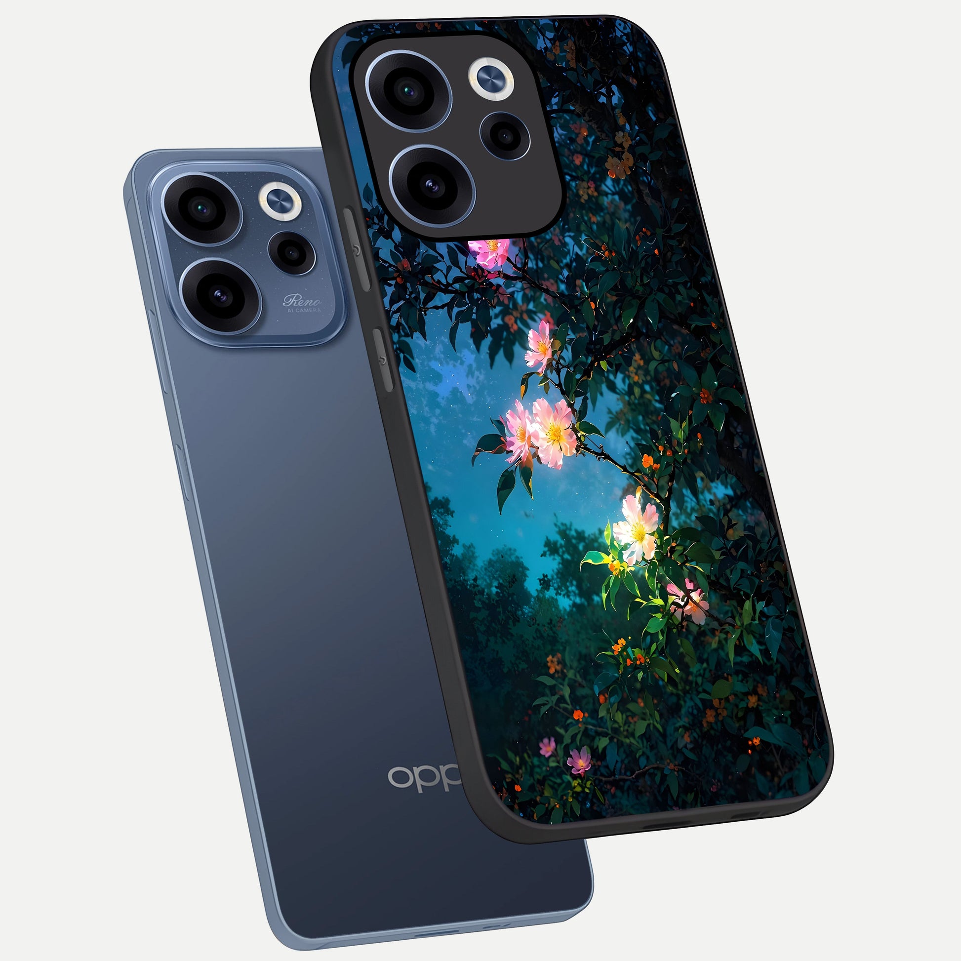  Midnight Bloom Glow phone case For Oppo Reno 15c showing premium glass back cover with detailed artwork