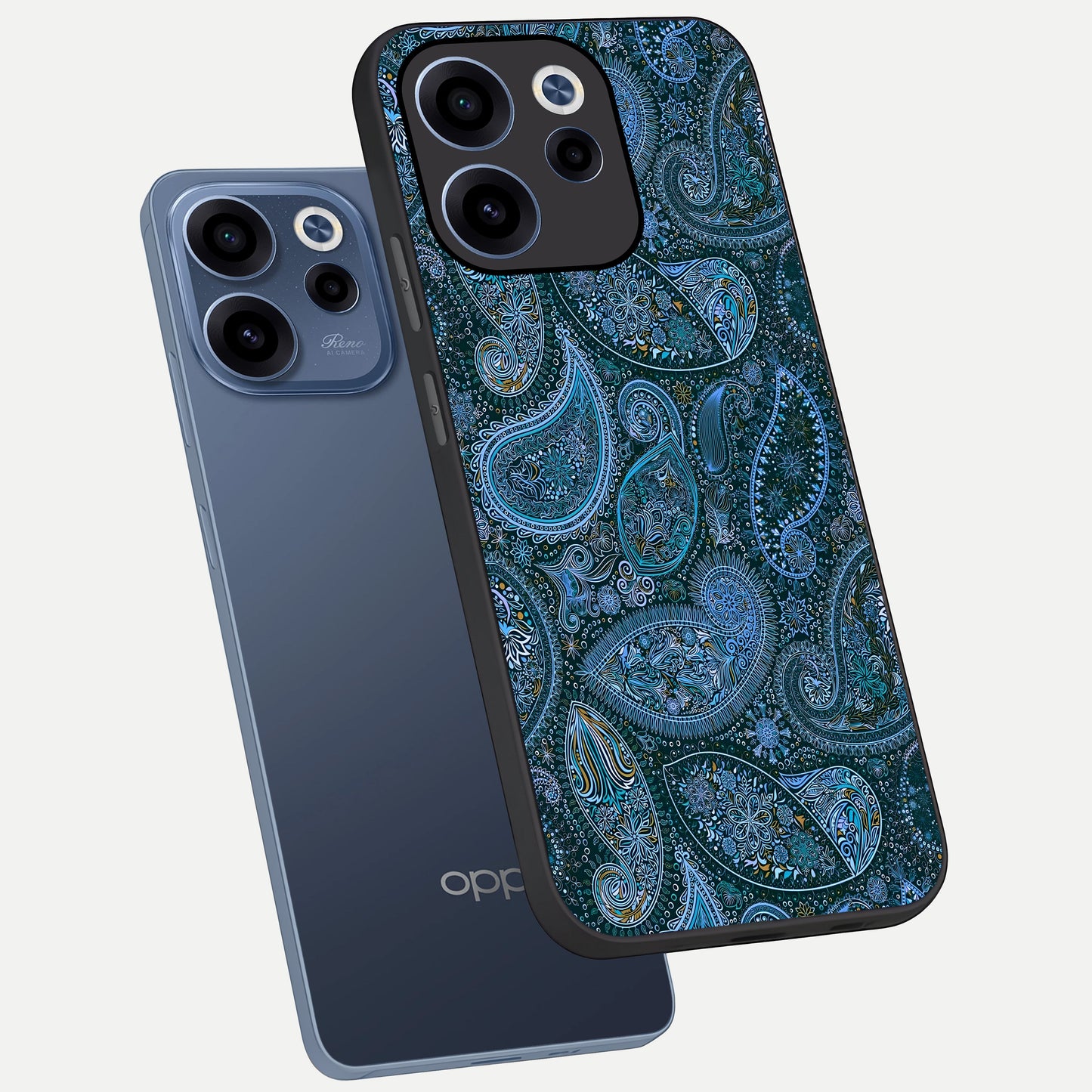  Midnight Paisley Glow phone case For Oppo Reno 15c showing premium glass back cover with detailed artwork
