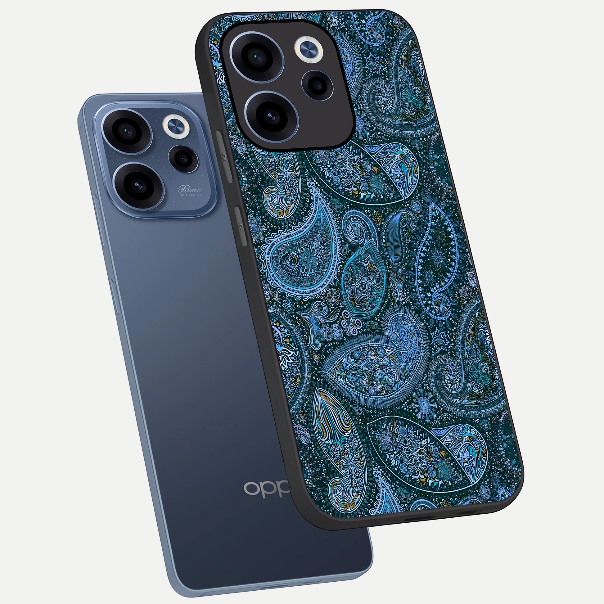  Midnight Paisley Glow phone case For Oppo Reno 15c showing premium glass back cover with detailed artwork