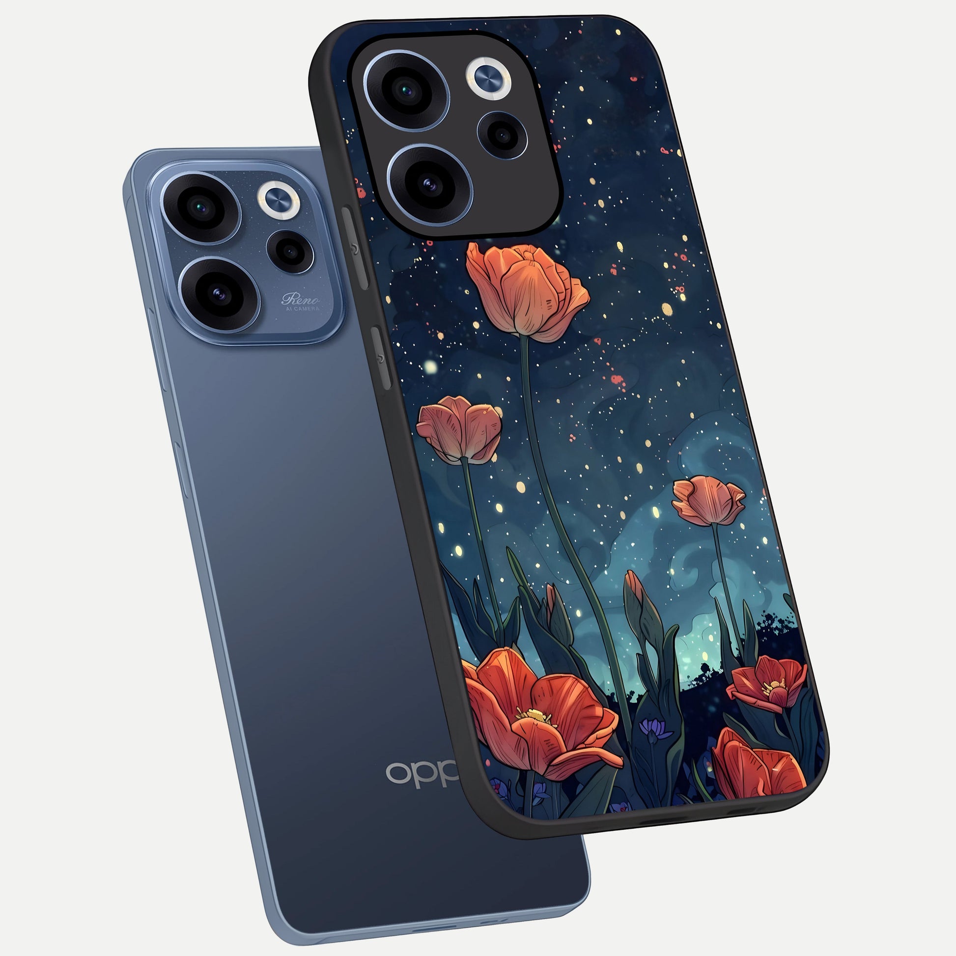  Midnight Tulip Glow phone case For Oppo Reno 15c showing premium glass back cover with detailed artwork
