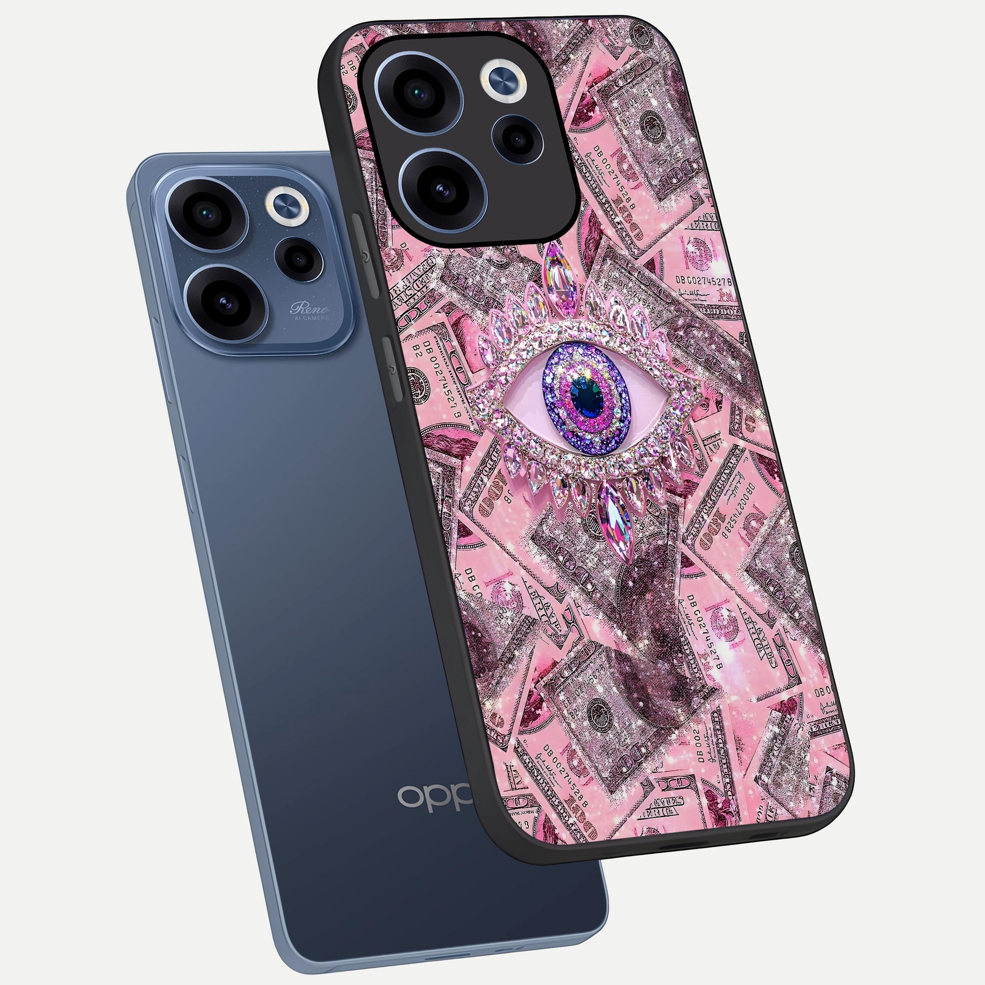  Money Eye Luxe phone case For Oppo Reno 15c showing premium glass back cover with detailed artwork