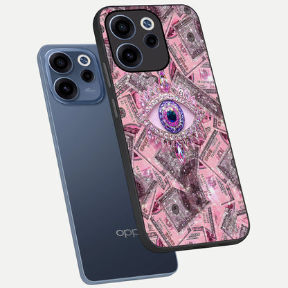  Money Eye Luxe phone case For Oppo Reno 15c showing premium glass back cover with detailed artwork