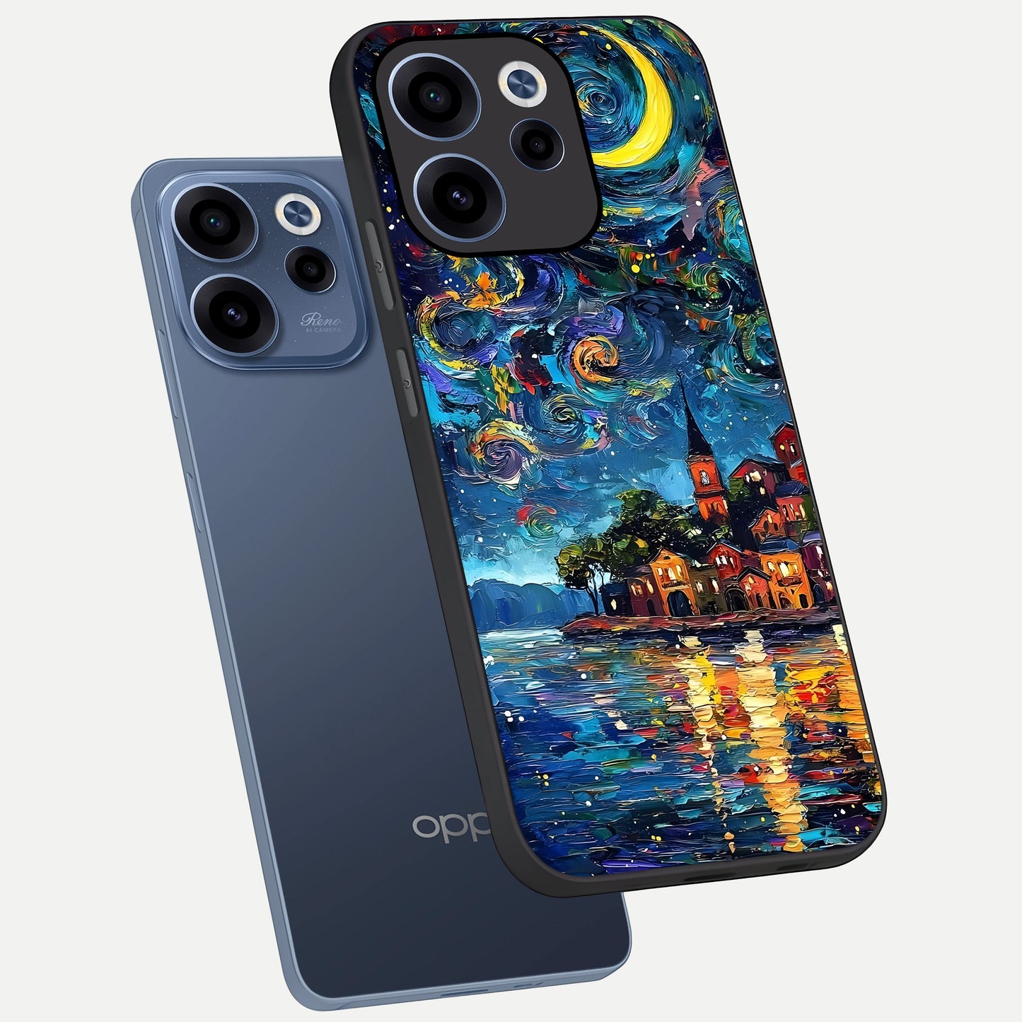  Moonlight Harbor Glow phone case For Oppo Reno 15c showing premium glass back cover with detailed artwork