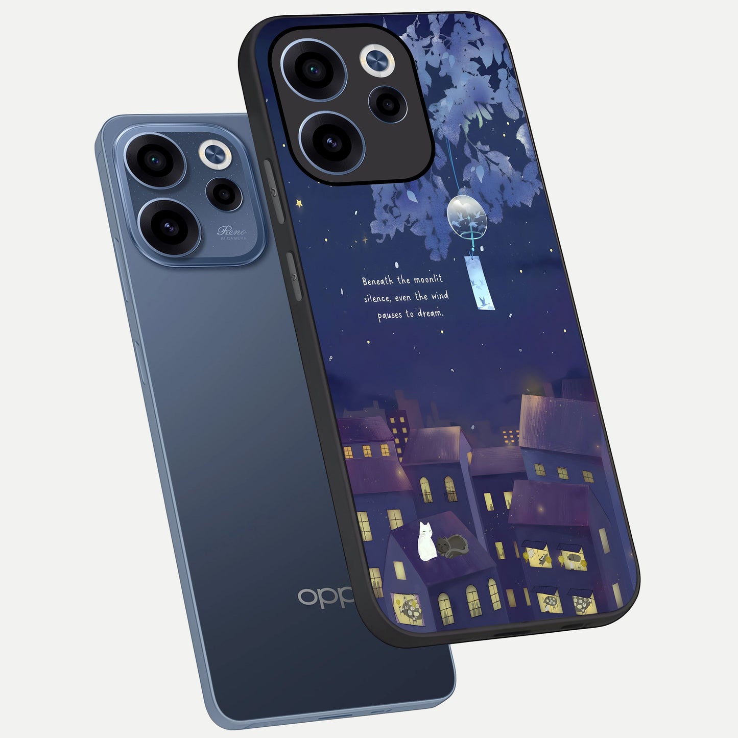  Moonlit Cat Silence phone case For Oppo Reno 15c showing premium glass back cover with detailed artwork