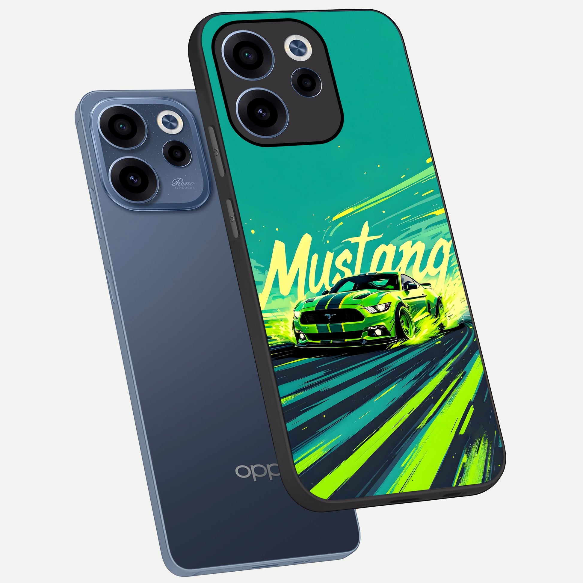  Mustang Bang phone case For Oppo Reno 15c showing premium glass back cover with detailed artwork