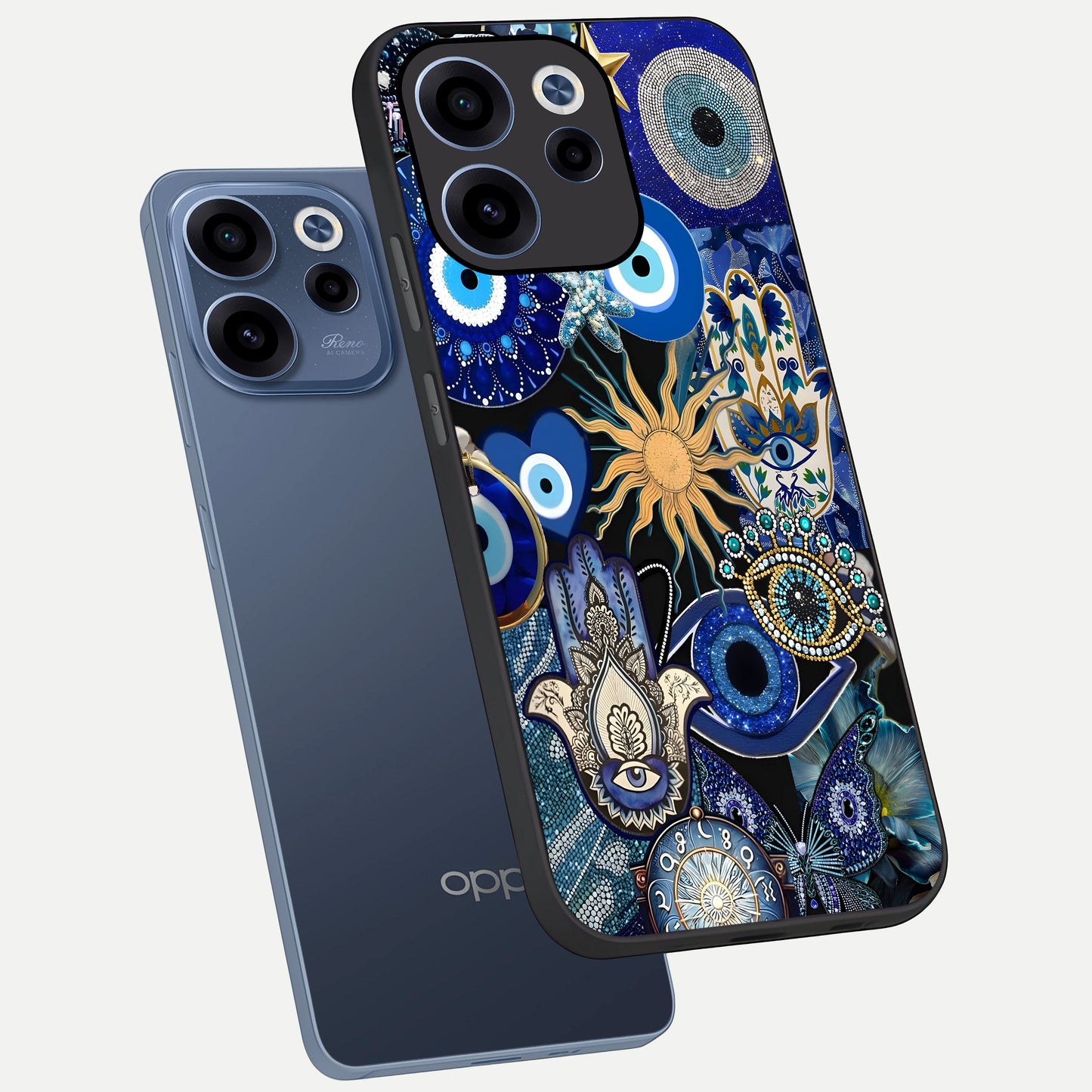  Mystic Blue Evil Eye phone case For Oppo Reno 15c showing premium glass back cover with detailed artwork