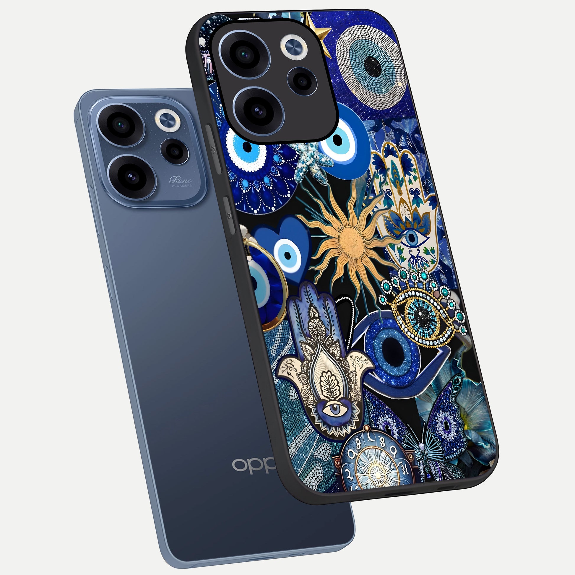 Mystic Blue Evil Eye phone case For Oppo Reno 15c showing premium glass back cover with detailed artwork