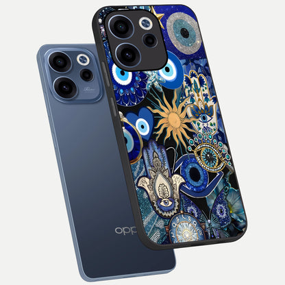  Mystic Blue Evil Eye phone case For Oppo Reno 15c showing premium glass back cover with detailed artwork