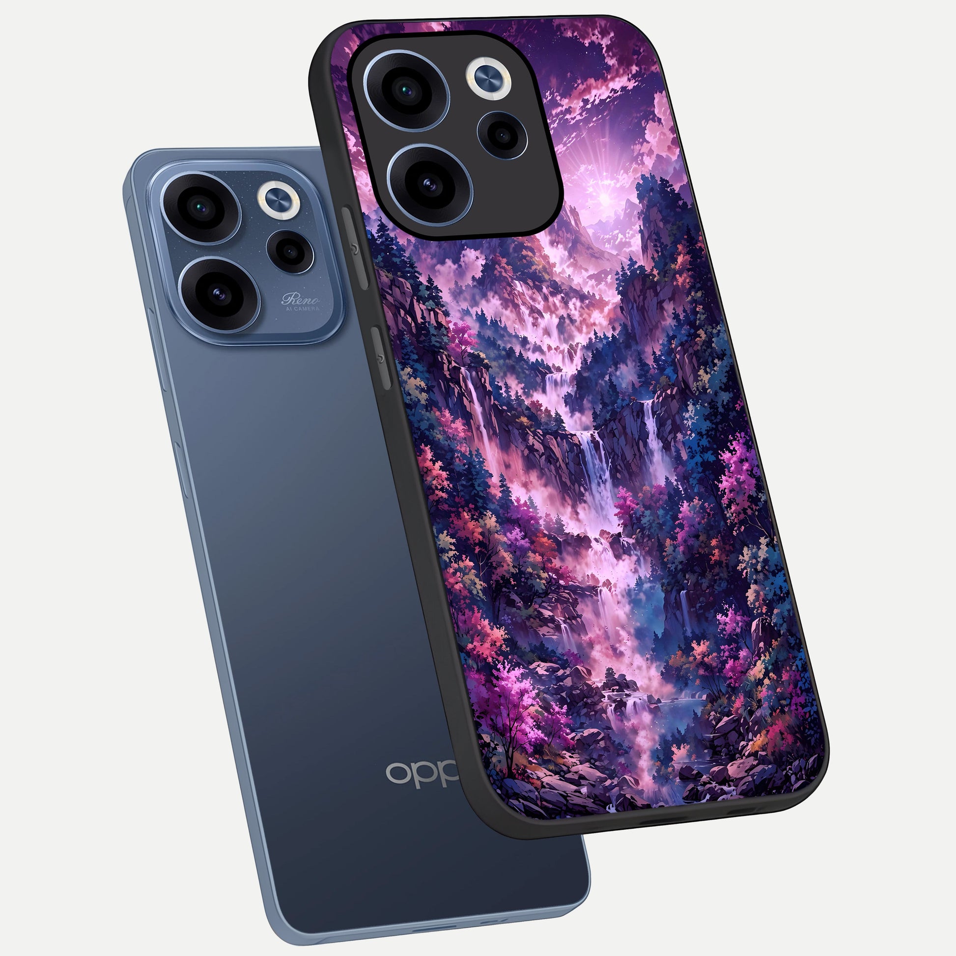  Mystic Cascade Peaks phone case For Oppo Reno 15c showing premium glass back cover with detailed artwork
