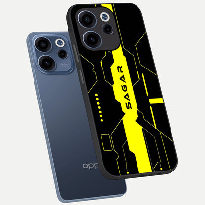  Neon CYBERPUNK Custom Name phone case For Oppo Reno 15c showing premium glass back cover with detailed artwork