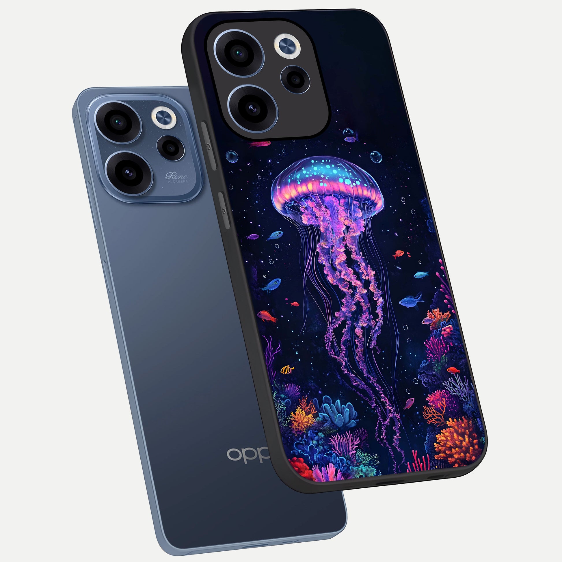  Neon Jellyfish phone case For Oppo Reno 15c showing premium glass back cover with detailed artwork