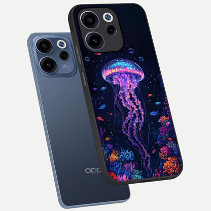  Neon Jellyfish phone case For Oppo Reno 15c showing premium glass back cover with detailed artwork