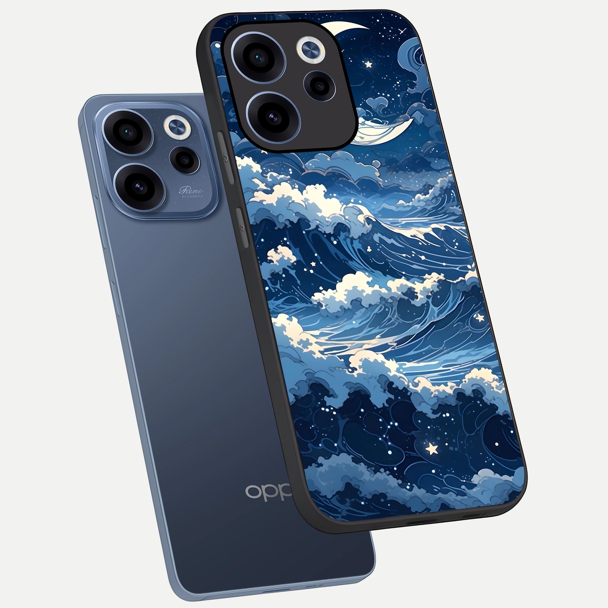  Ocean Moon Waves phone case For Oppo Reno 15c showing premium glass back cover with detailed artwork