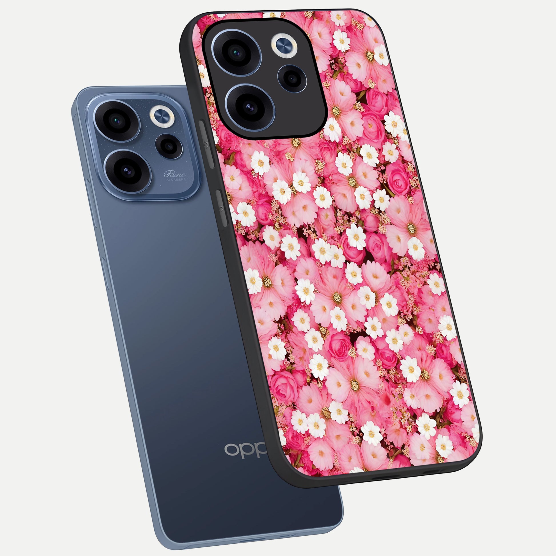  Pink Daisy Bliss phone case For Oppo Reno 15c showing premium glass back cover with detailed artwork