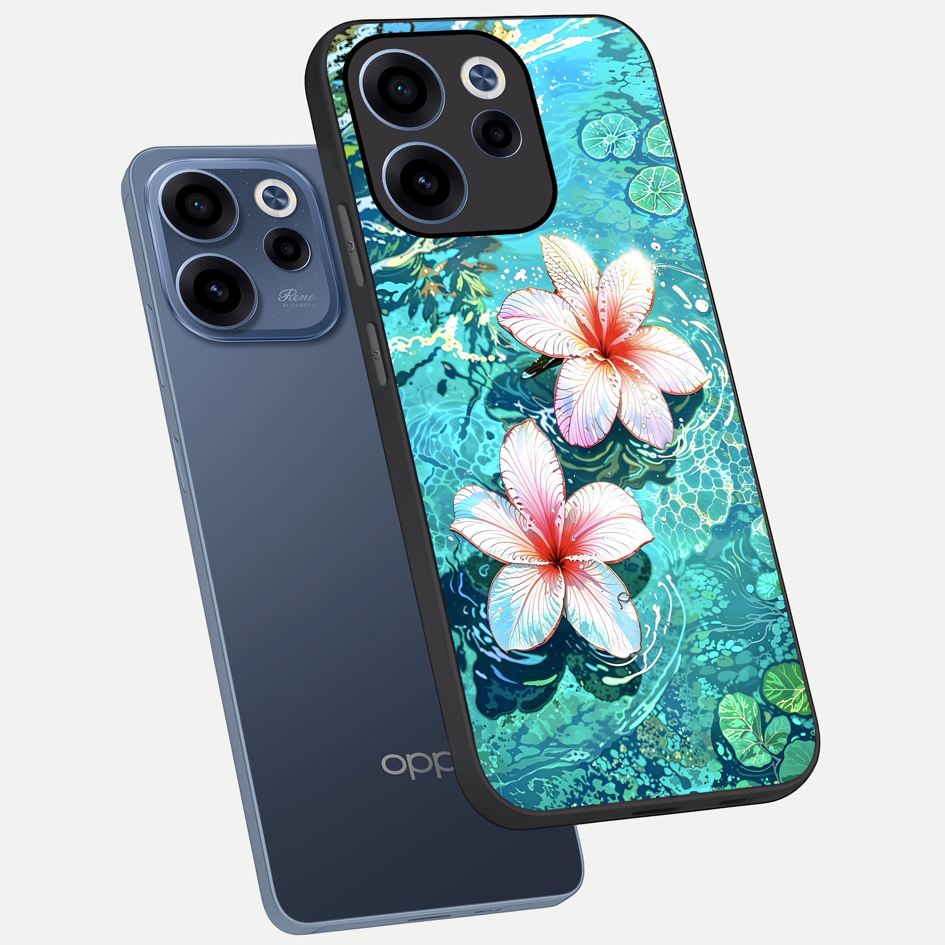  Pink Flowers in Water phone case For Oppo Reno 15c showing premium glass back cover with detailed artwork